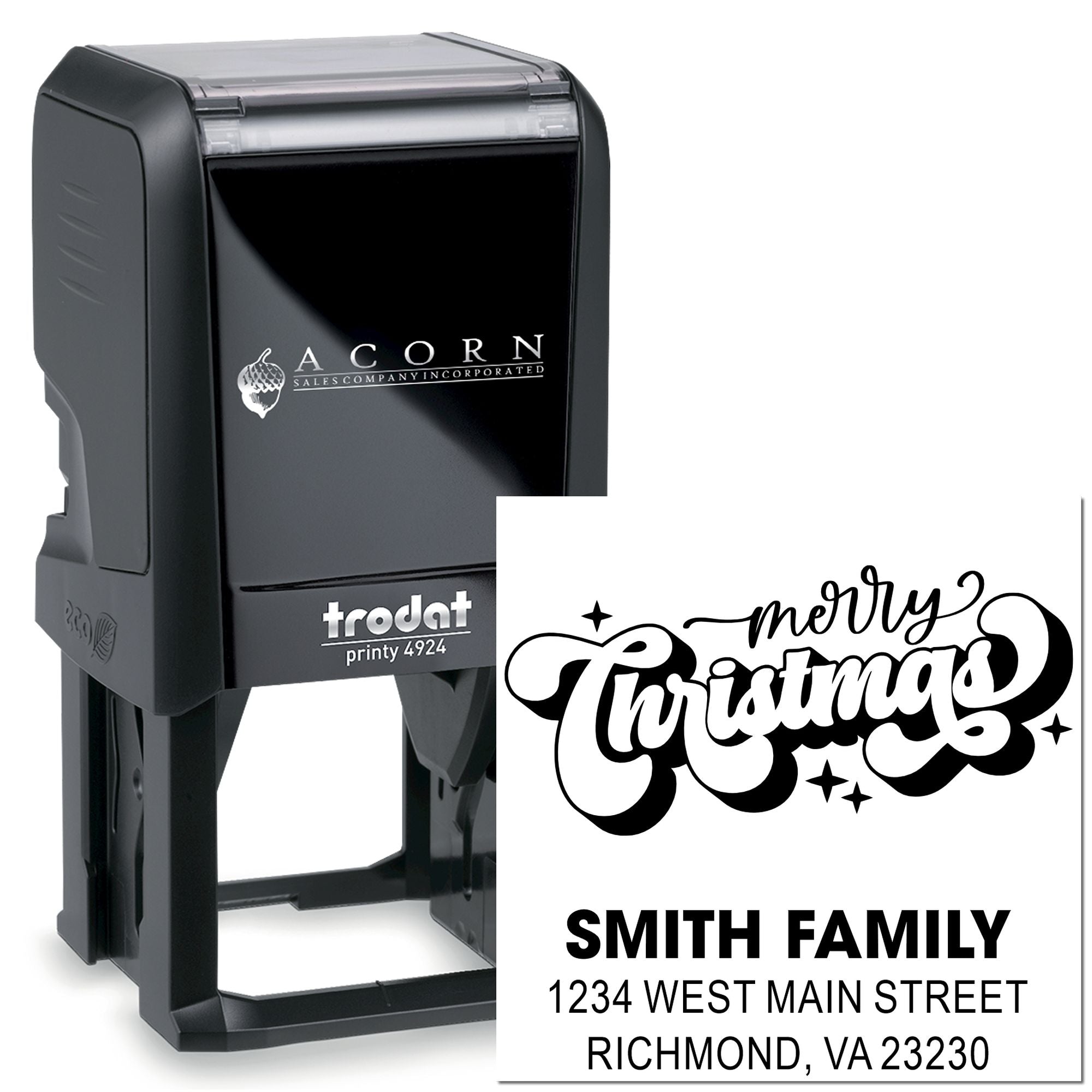 Self-inking custom rubber stamp with Merry Christmas design and Smith family address for holiday mailing.