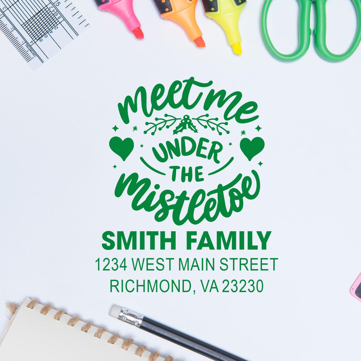 Personalized holiday rubber stamp with Meet Me Under the Mistletoe, Smith Family name, and return address for festive mail.