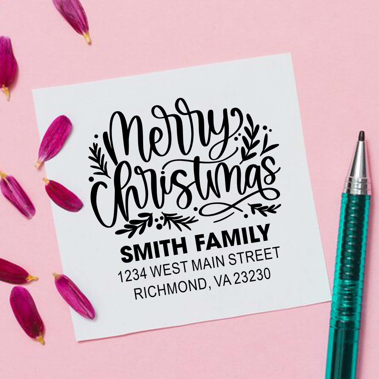Custom Merry Christmas return address rubber stamp with Smith Family name and Richmond, VA address for holiday cards.