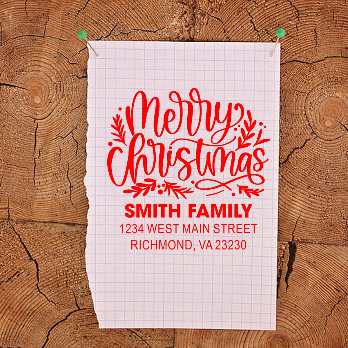 Custom Merry Christmas return address rubber stamp with Smith family name and Richmond, VA address