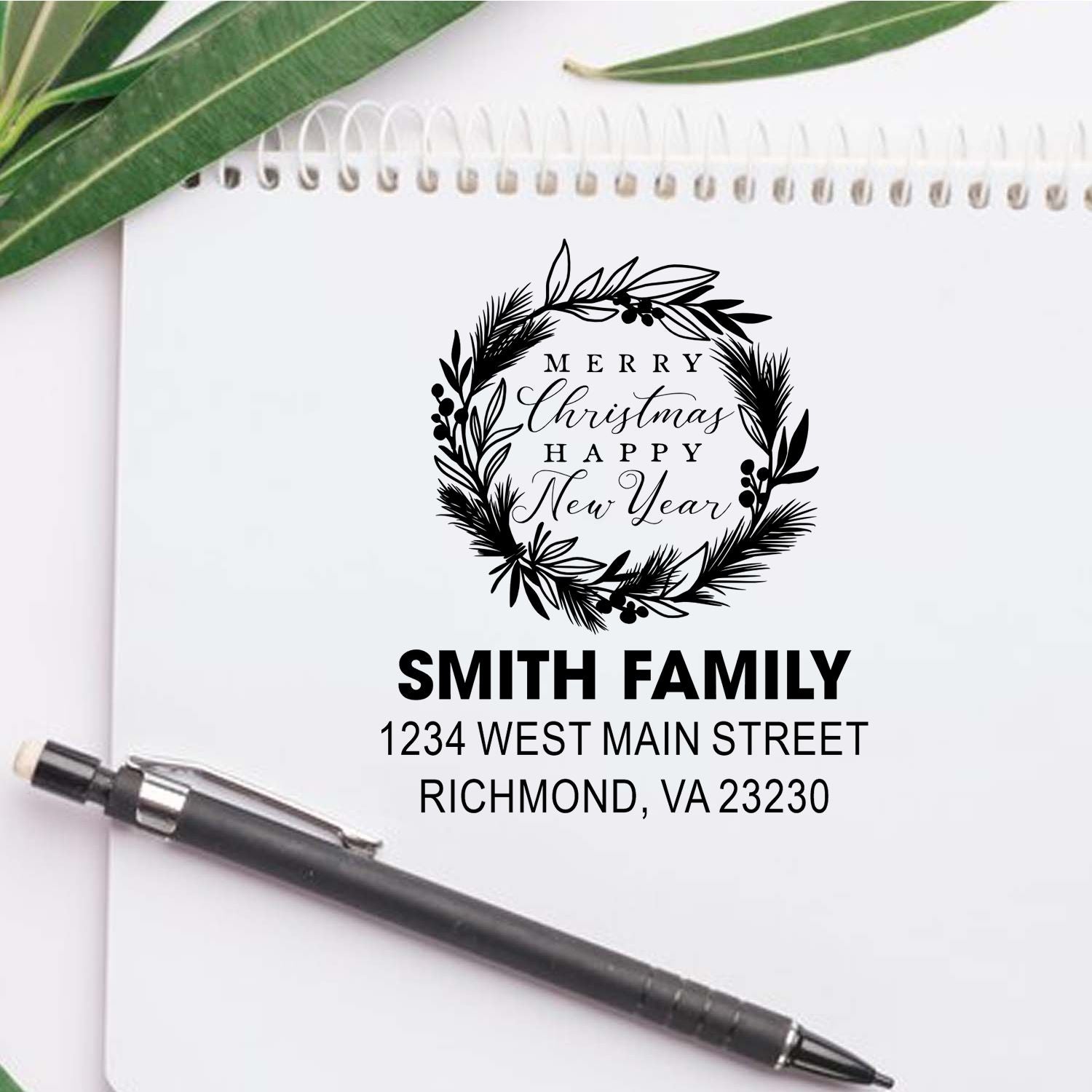 Custom holiday rubber stamp with wreath, Merry Christmas and Happy New Year, personalized Smith Family return address design.