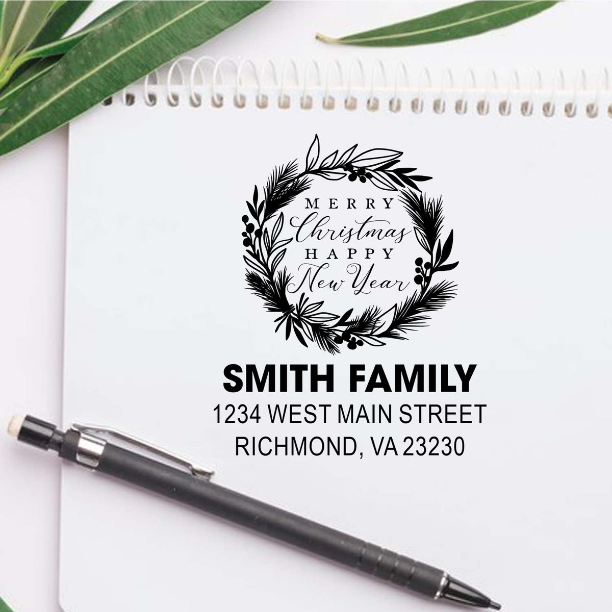 Custom holiday address rubber stamp with Merry Christmas and Happy New Year wreath for Smith Family cards.
