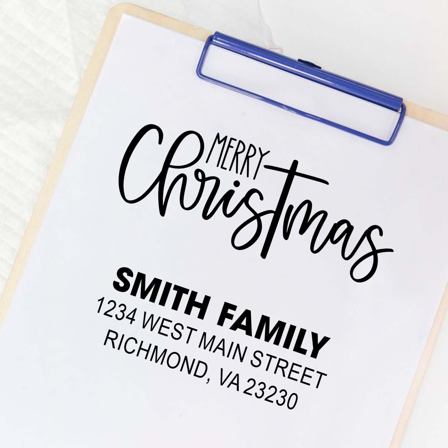 Custom Merry Christmas address rubber stamp with Smith Family return address design.