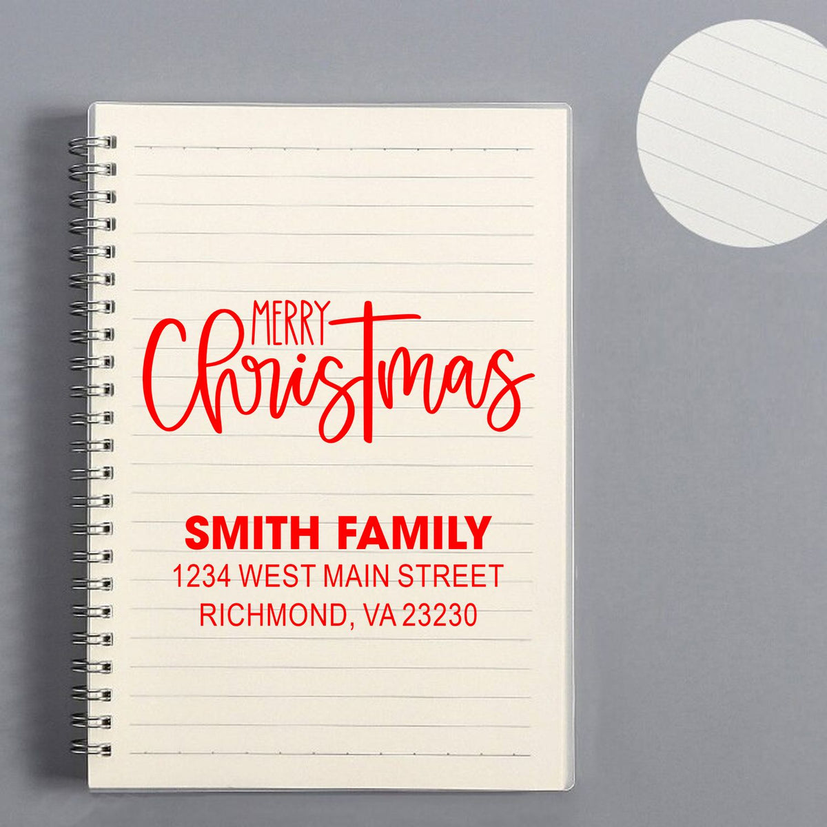Custom Merry Christmas return address rubber stamp with Smith Family name and Richmond, VA address.