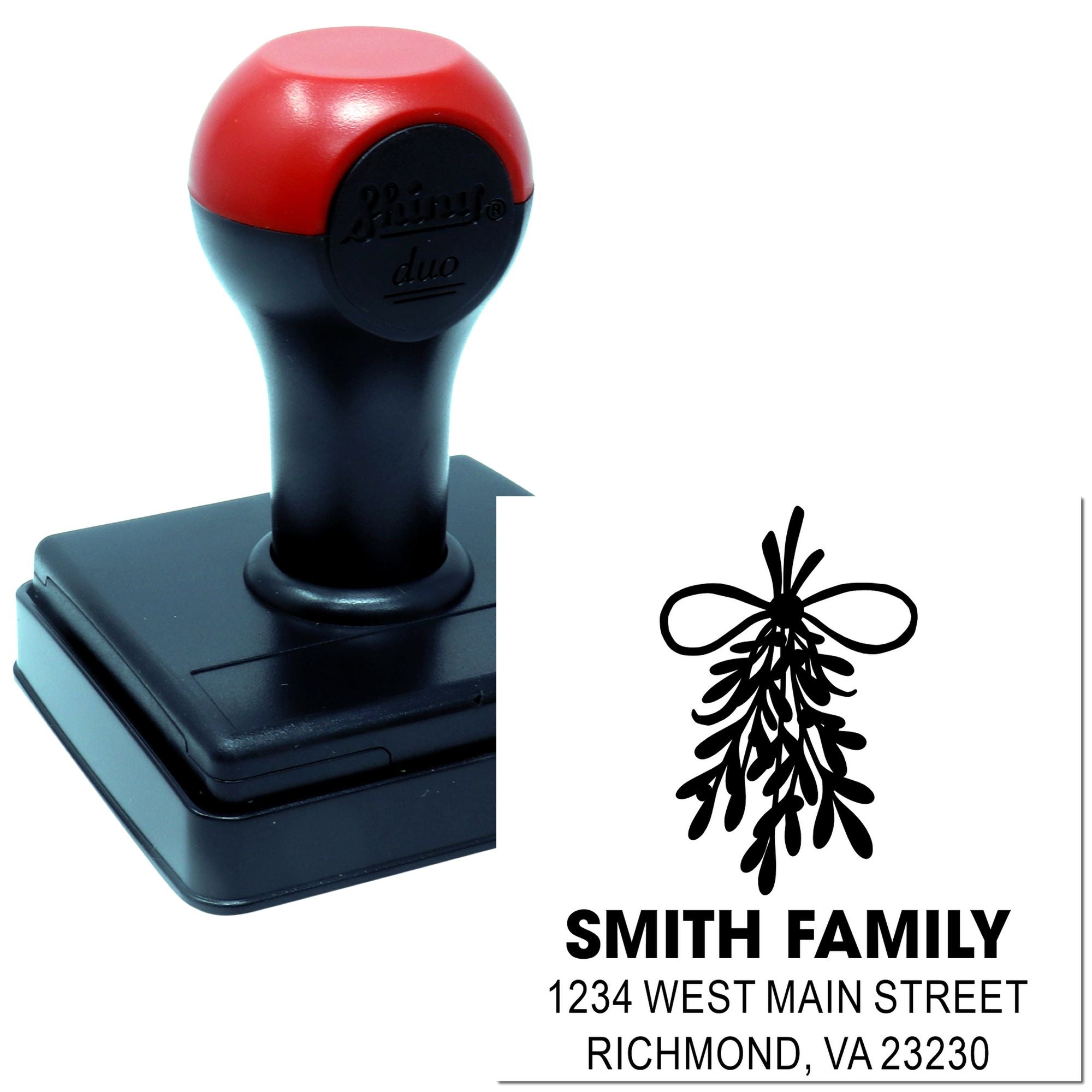 Personalized self-inking rubber address stamp with family name and return address for envelopes and mailing.