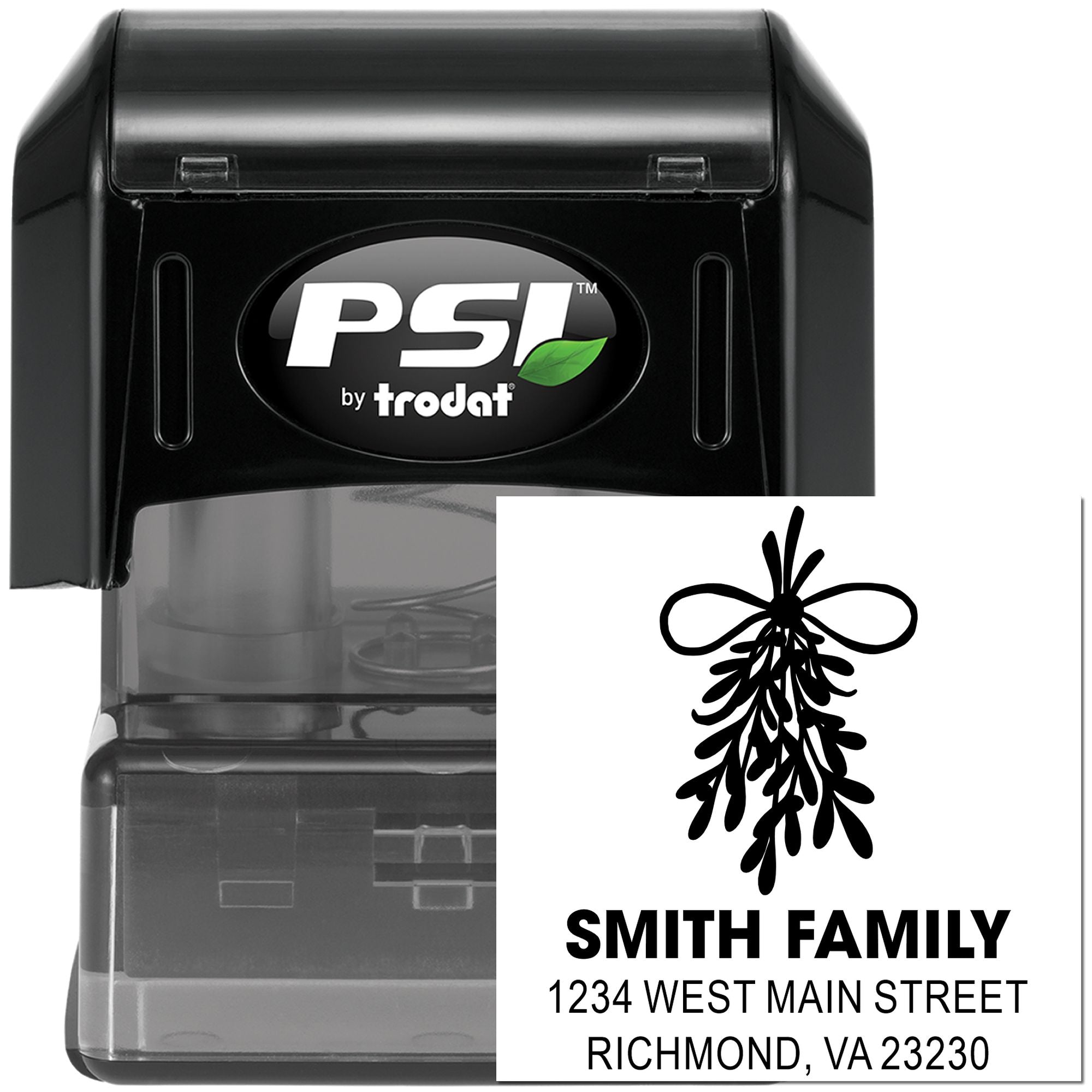 Custom self-inking address stamp by PSI Trodat with family name and return address imprint for mail and packaging.