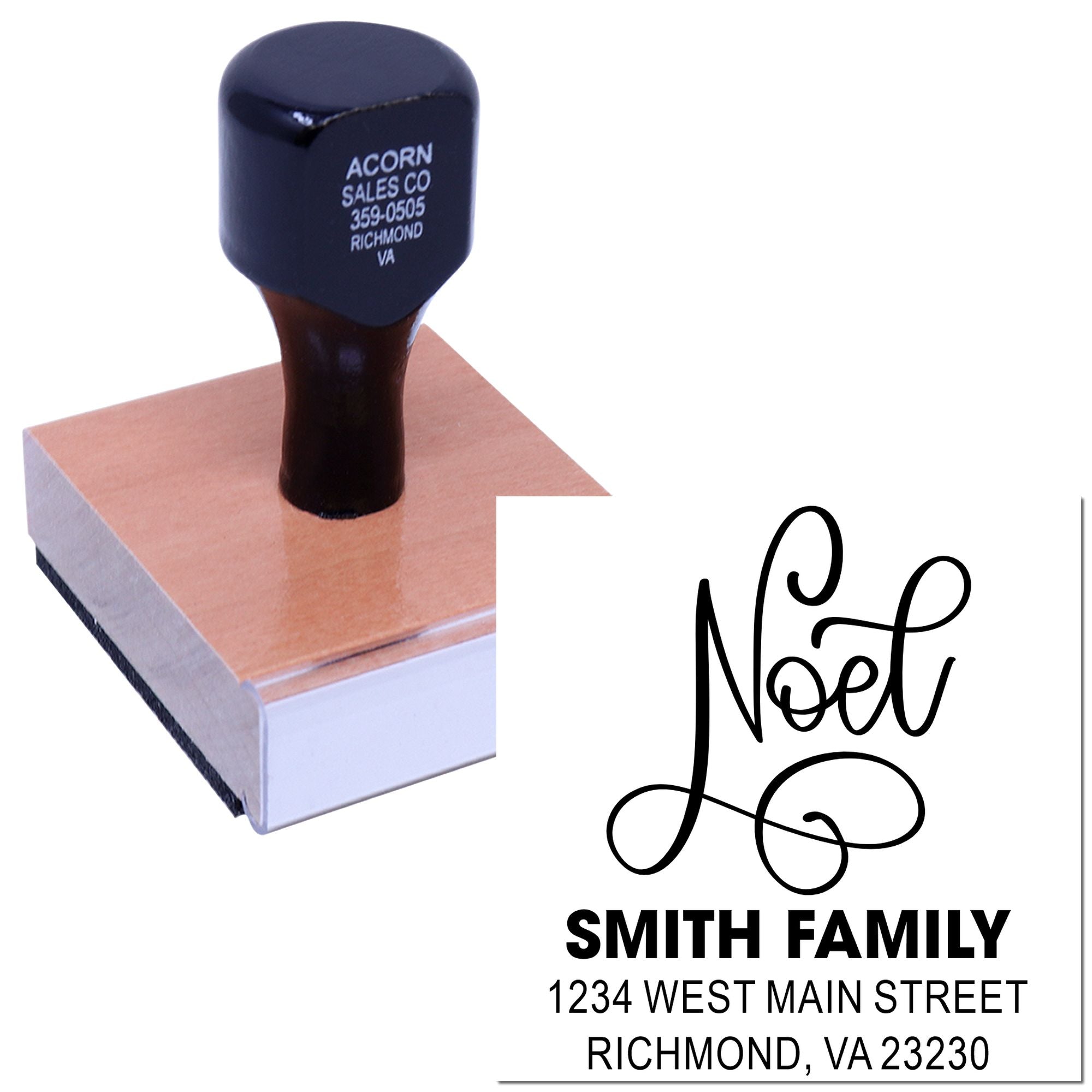 Custom family return address rubber stamp with Noel design, showing personalized address imprint.