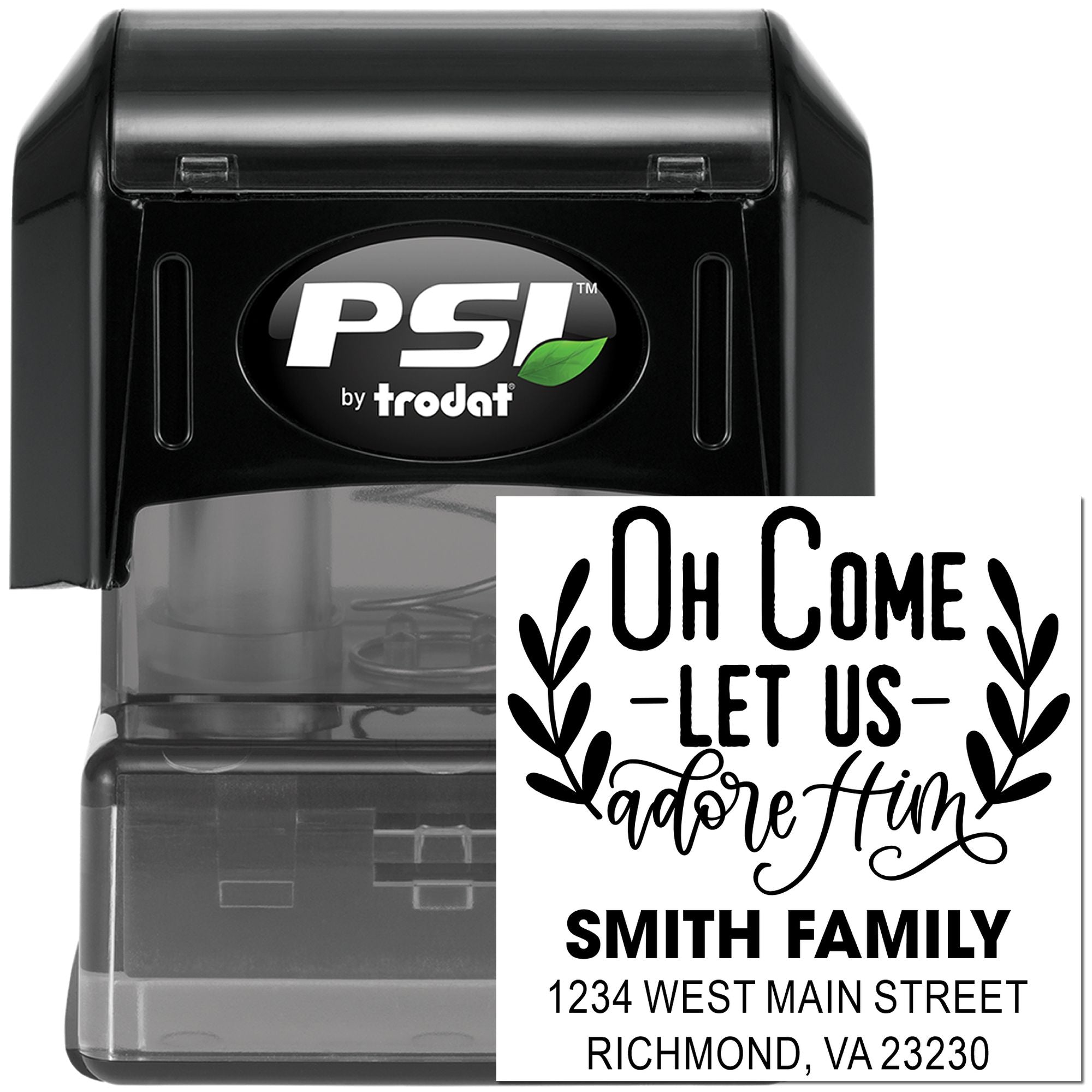 Custom self-inking rubber stamp with holiday message Oh Come Let Us Adore Him and Smith family address imprint.