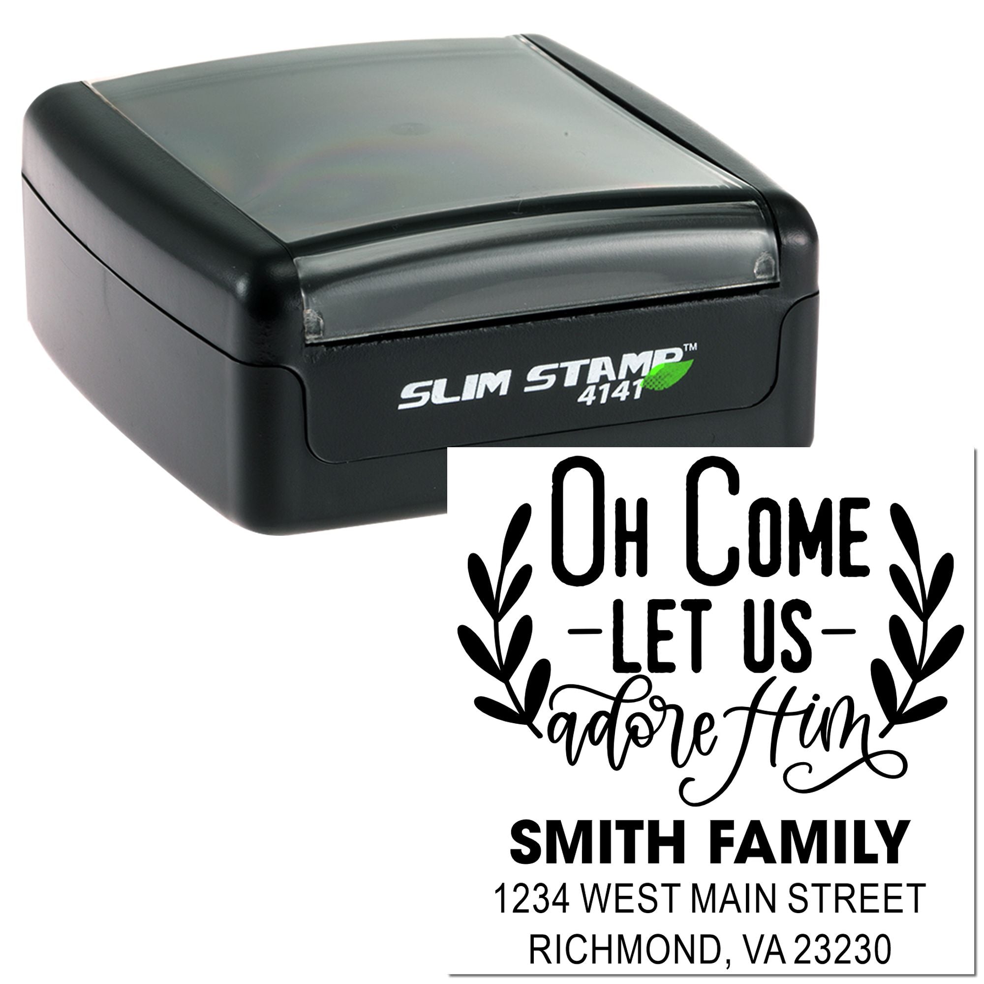 Custom slim self-inking rubber stamp with Oh Come Let Us Adore Him design and Smith Family return address print