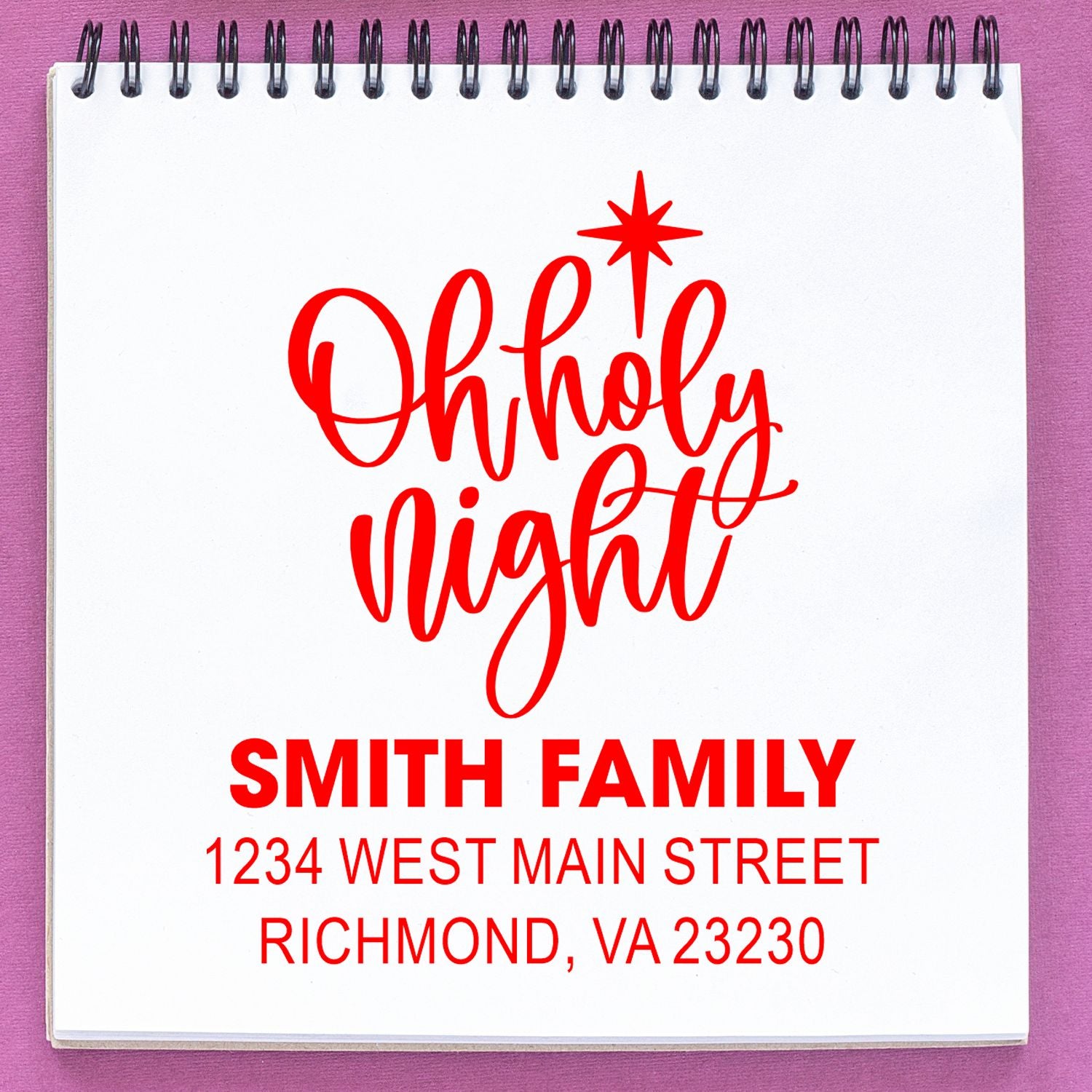 Personalized Christmas rubber stamp with Oh Holy Night script, Smith Family name, and return address for holiday cards.