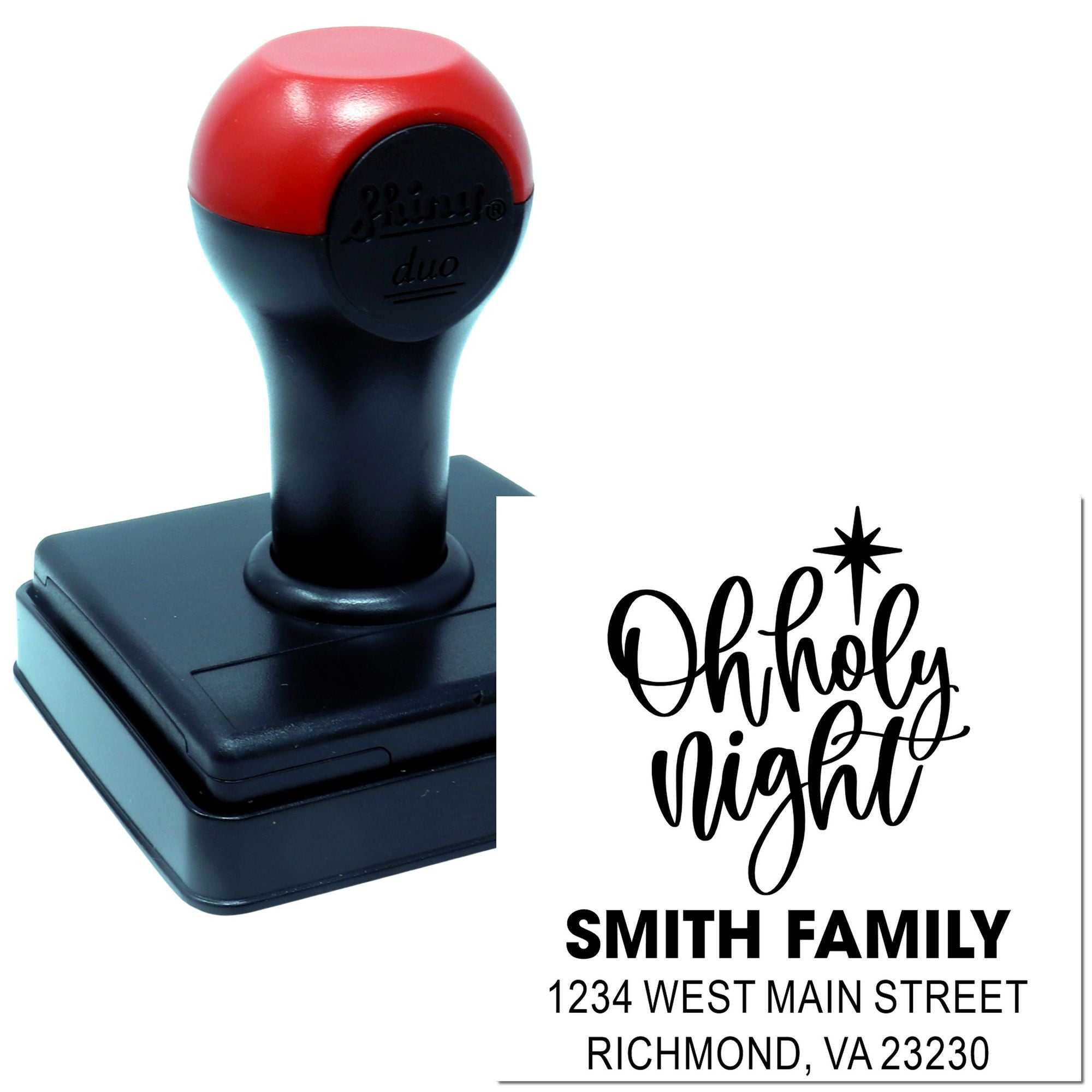 Custom self-inking rubber stamp with Oh Holy Night design and Smith family return address for holiday cards.