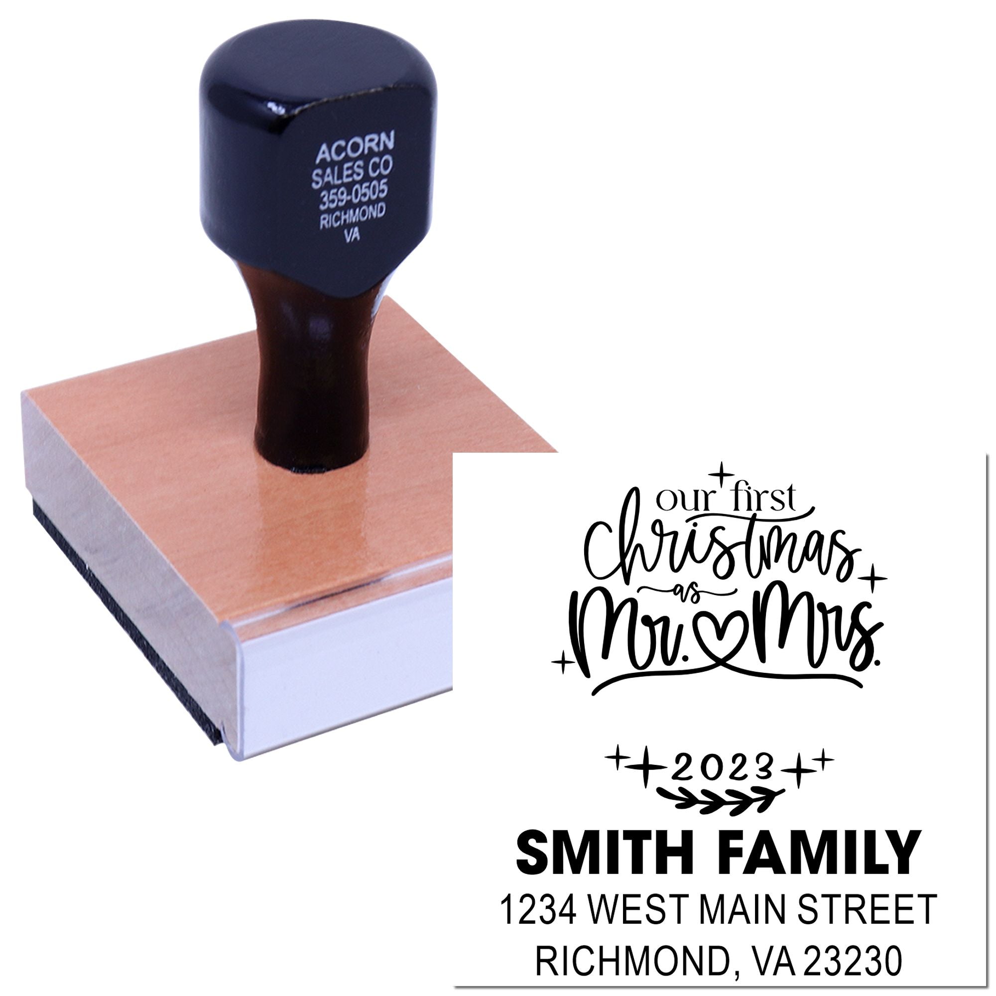 Custom holiday rubber stamp for Our First Christmas as Mr. & Mrs. 2023 with Smith family address for cards.