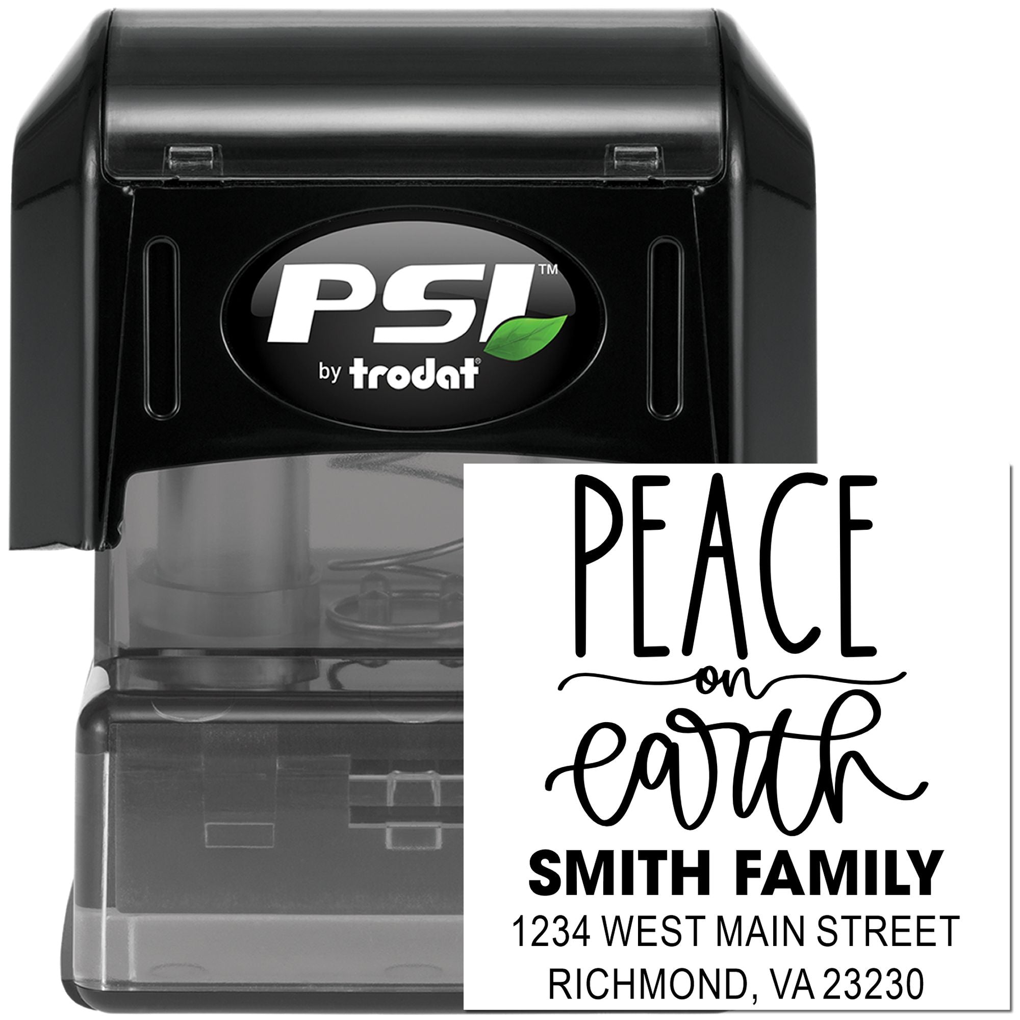 Personalized self-inking rubber address stamp with Peace on Earth Smith family holiday return address design