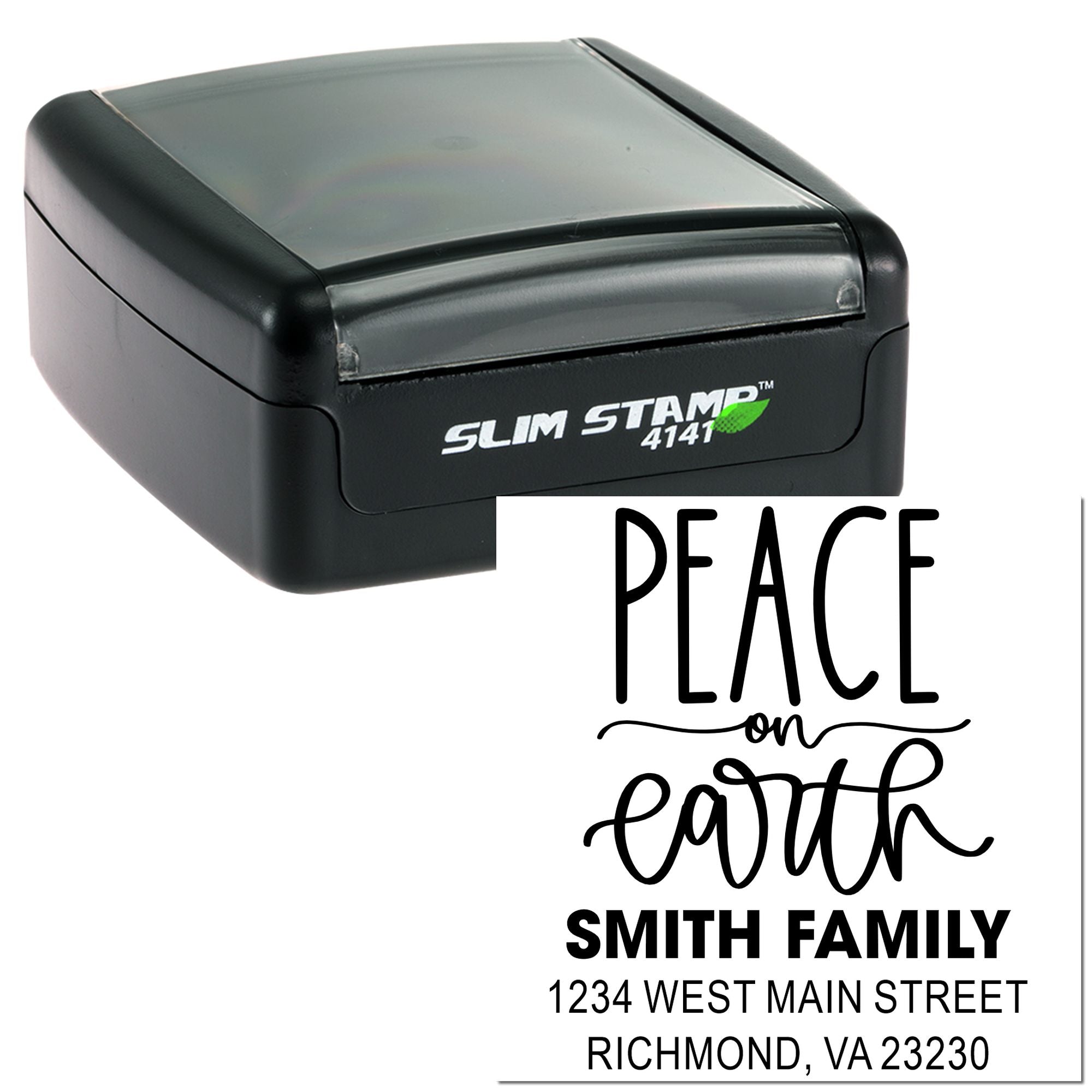 Custom Slim Stamp rubber stamp with Peace on Earth design and Smith family address imprint for mailing and holiday packaging.