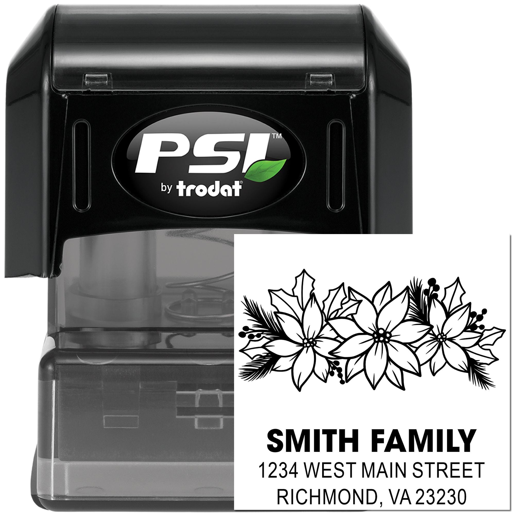 PSI by Trodat self-inking address stamp with holiday floral design, custom Smith Family return address stamp for mailing envelopes