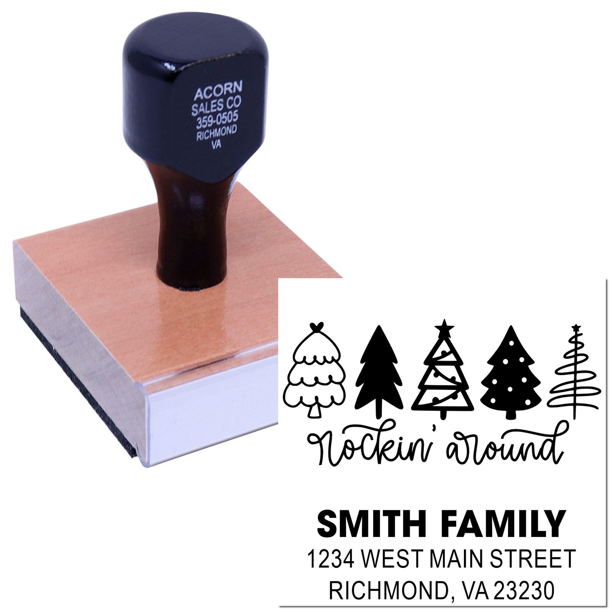 Personalized holiday rubber stamp with Christmas trees and Smith Family address for festive cards and mailings.