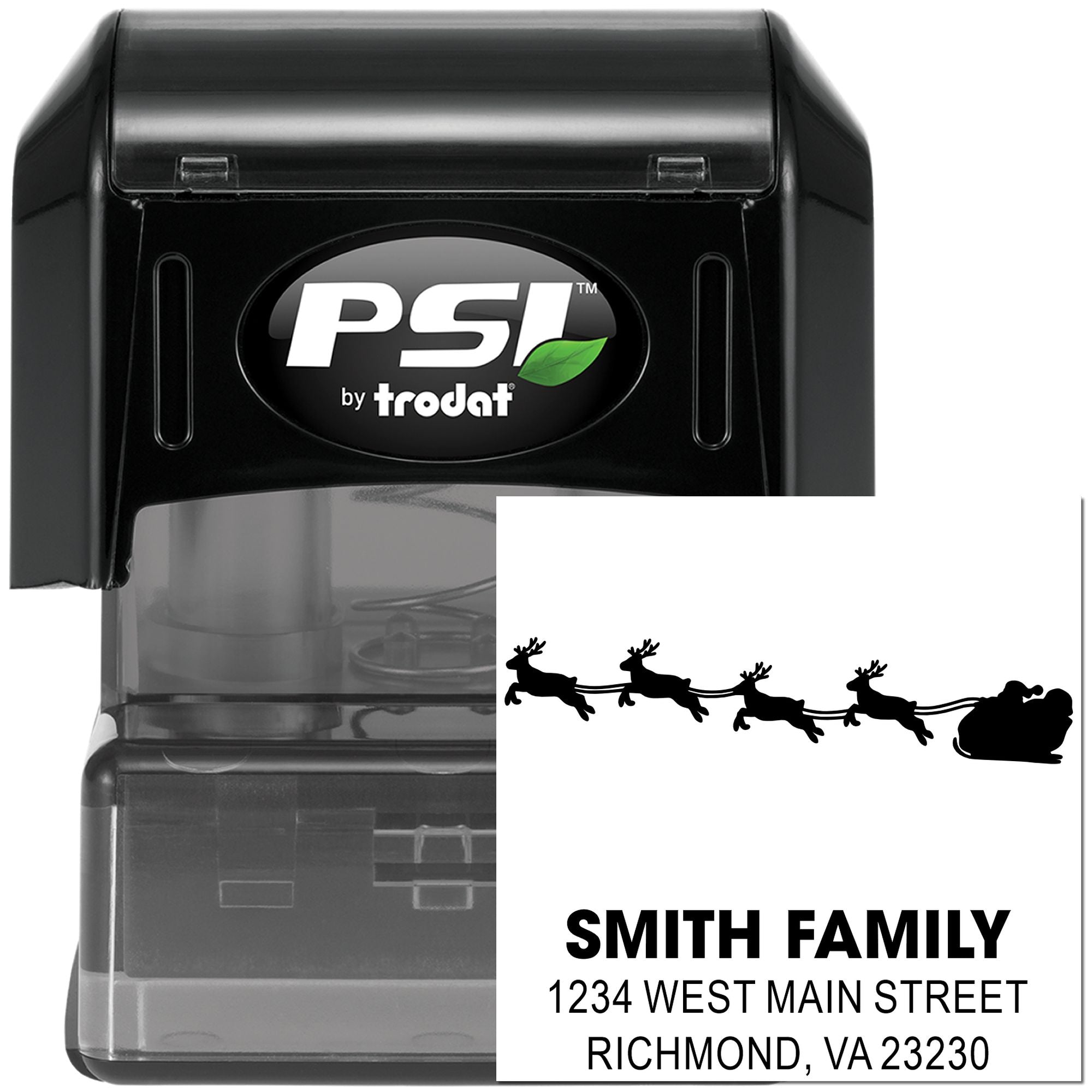 PSI by Trodat self-inking return address rubber stamp with Santa sleigh design, Smith family name, and Richmond, VA address