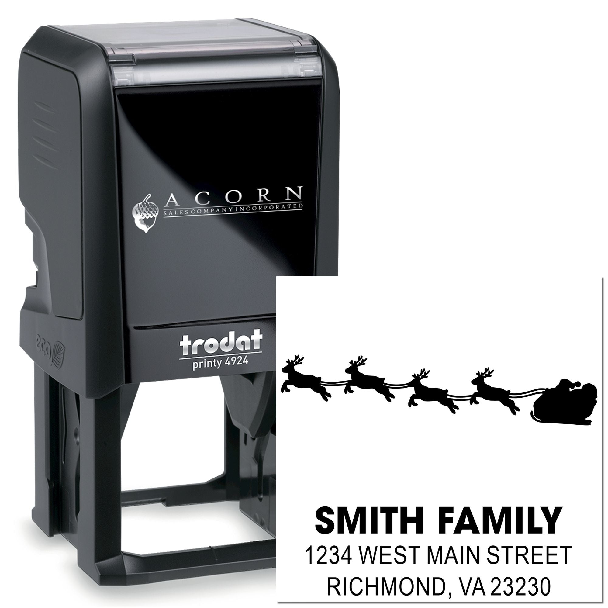 Custom self-inking rubber address stamp with Santa sleigh design and personalized family return address.