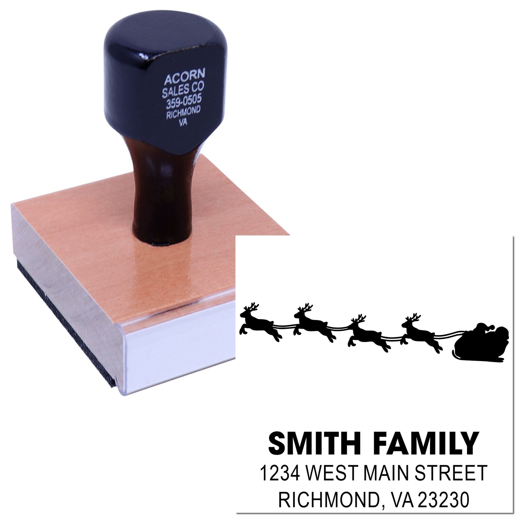 Holiday custom rubber address stamp with Santa sleigh design and family return address imprint.