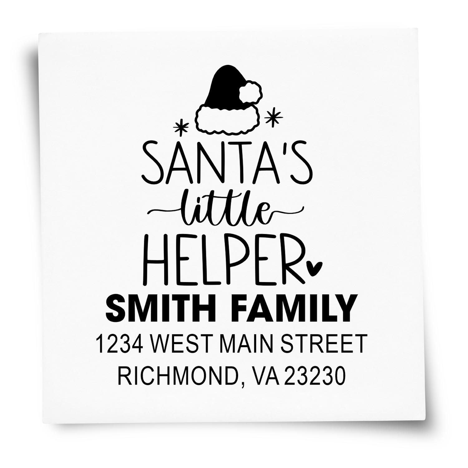 Custom Santas Little Helper holiday return address rubber stamp for Smith family, Richmond, VA 23230.