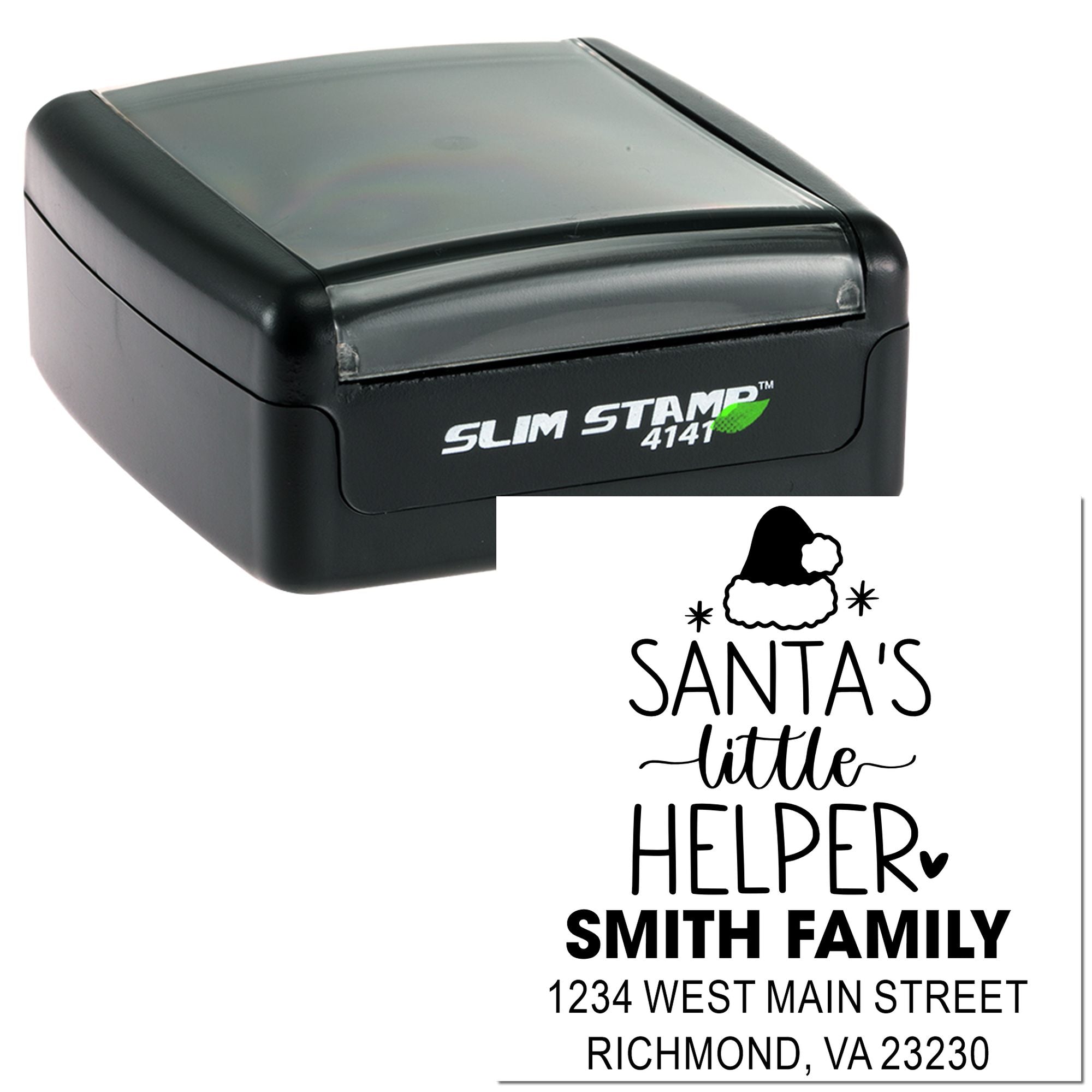 Self-inking custom rubber stamp with Santas little helper design and return address for holiday mail.