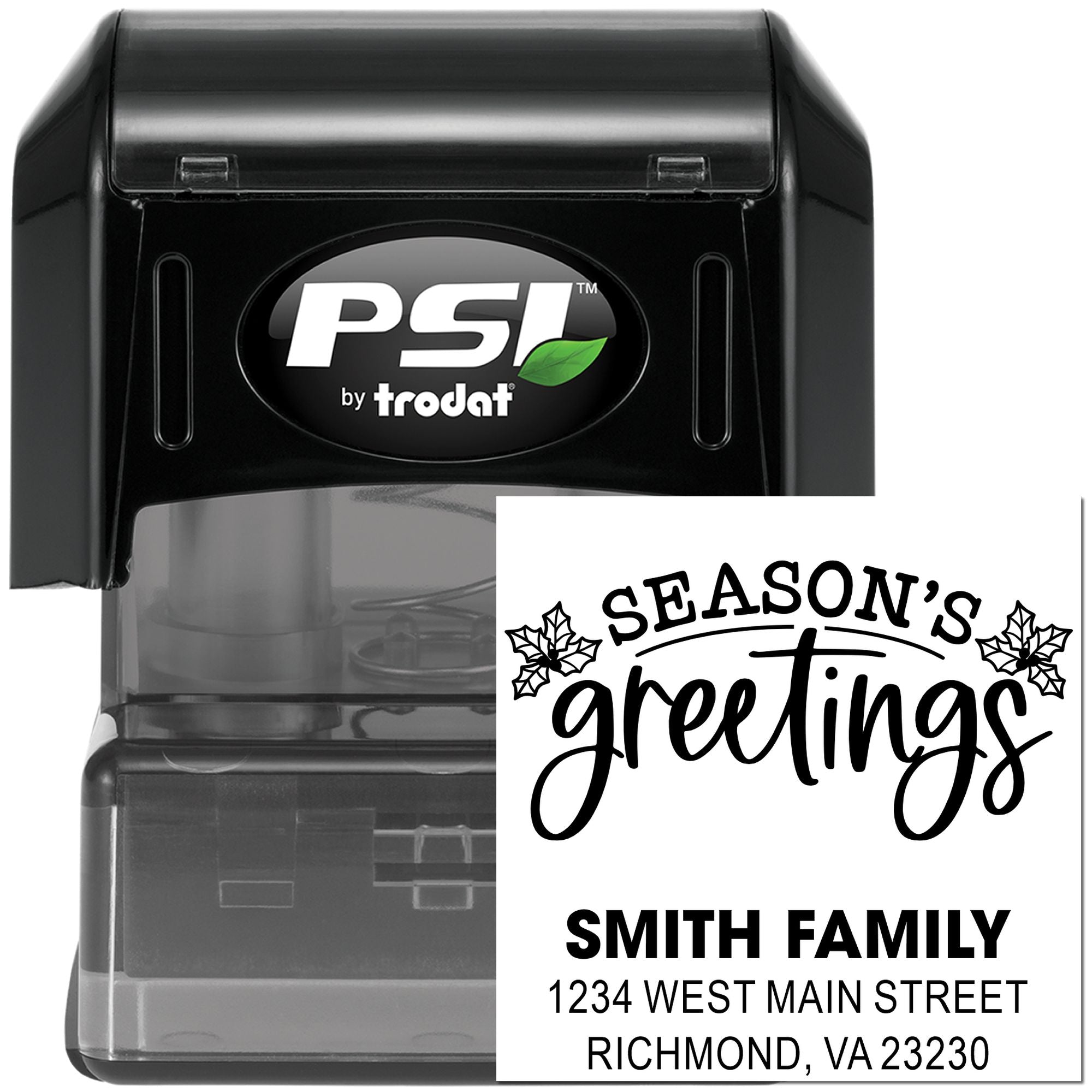 PSI by Trodat self-inking rubber stamp for holiday cards, featuring Seasons Greetings and Smith family return address.