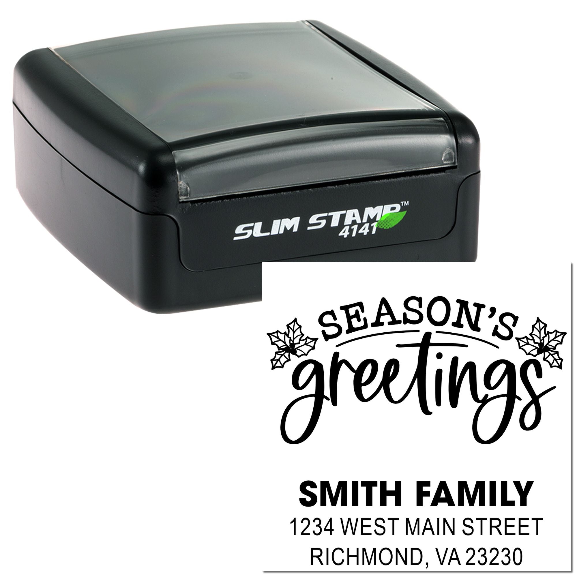 Custom self-inking rubber stamp with holiday return address design and Seasons Greetings message for the Smith family.