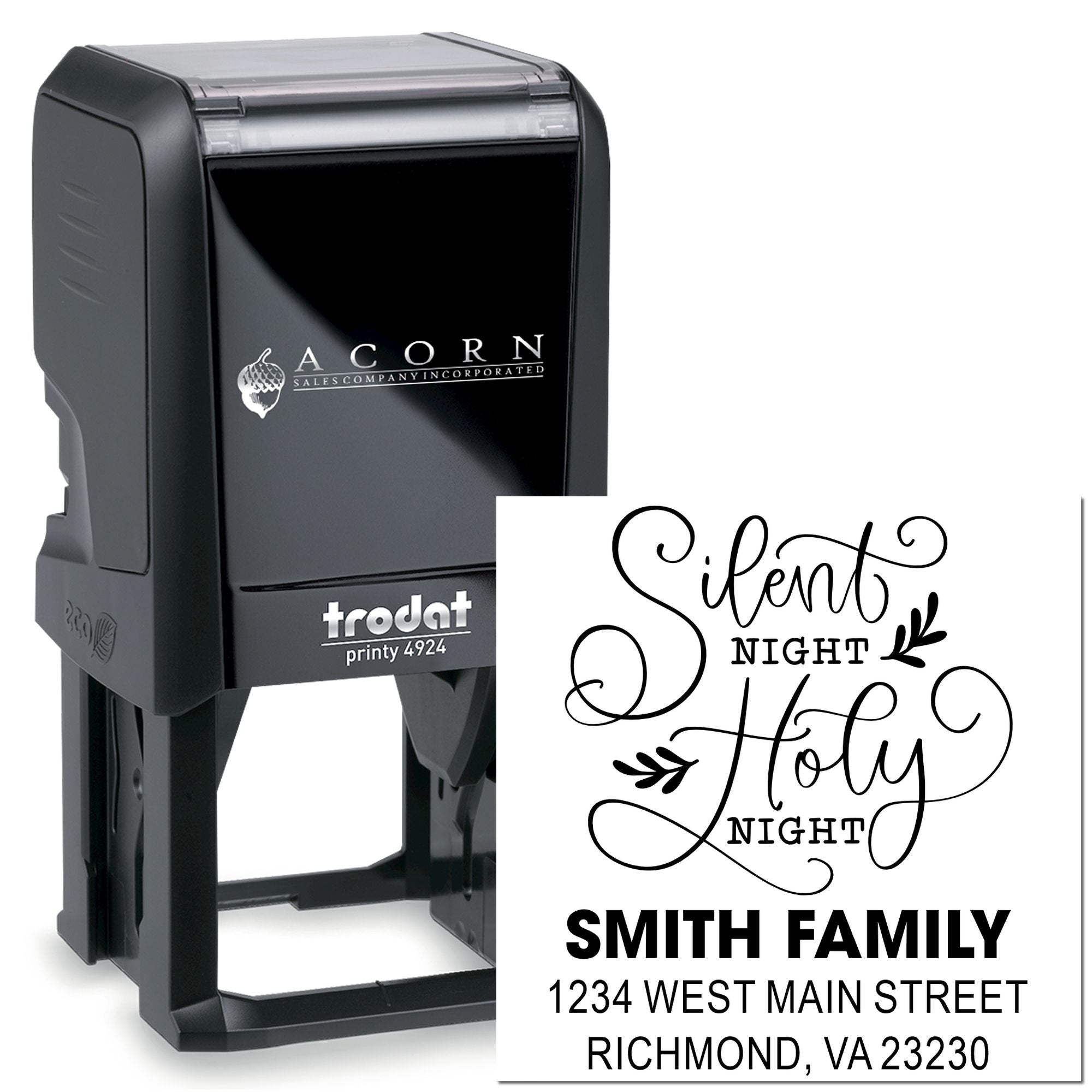 Custom self-inking rubber stamp with Trodat Printy 4924, featuring Silent Night Holy Night and Smith Family address.