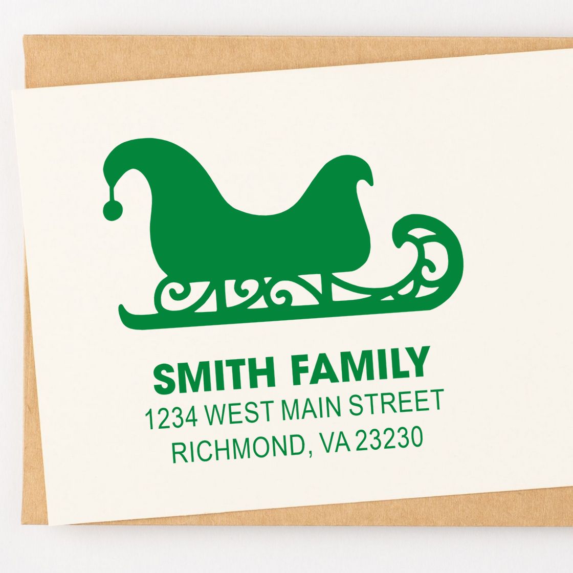 Custom holiday return address rubber stamp with sleigh design for Smith Family, Richmond VA.