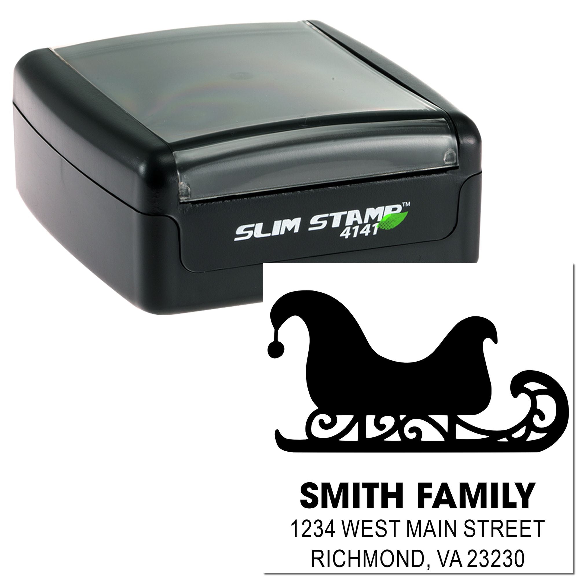 Personalized self-inking rubber address stamp with decorative sleigh design and Smith family return address.