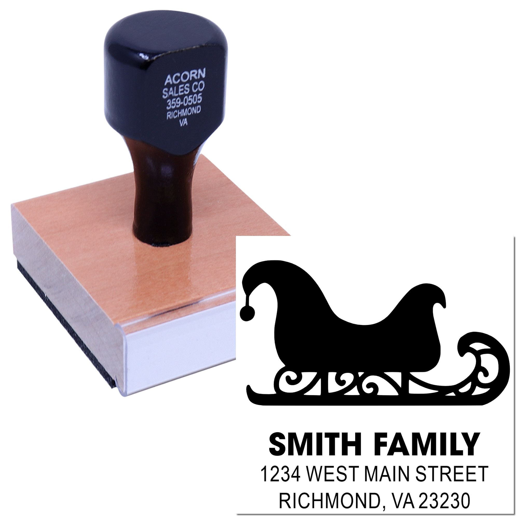 Custom rubber return address stamp with sled design, personalized Smith family name, and address imprint