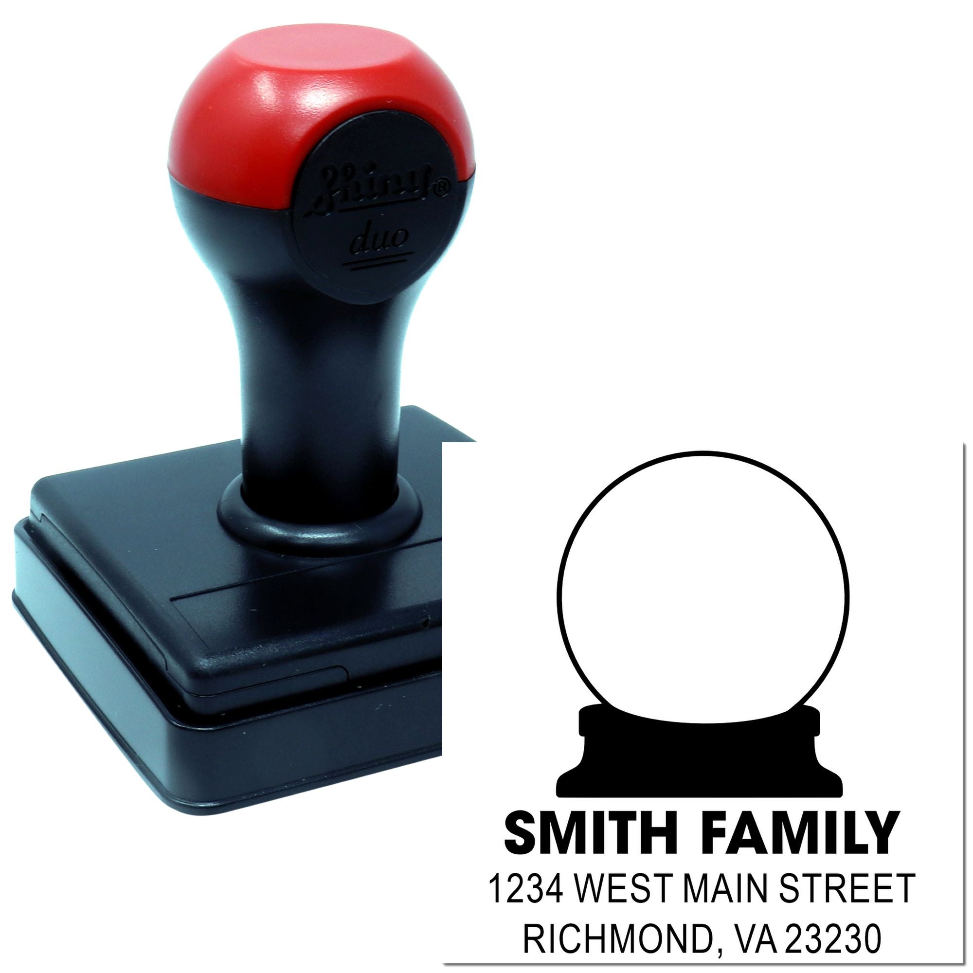 Custom self-inking rubber return address stamp with family name, address, and logo for personalized mailing.