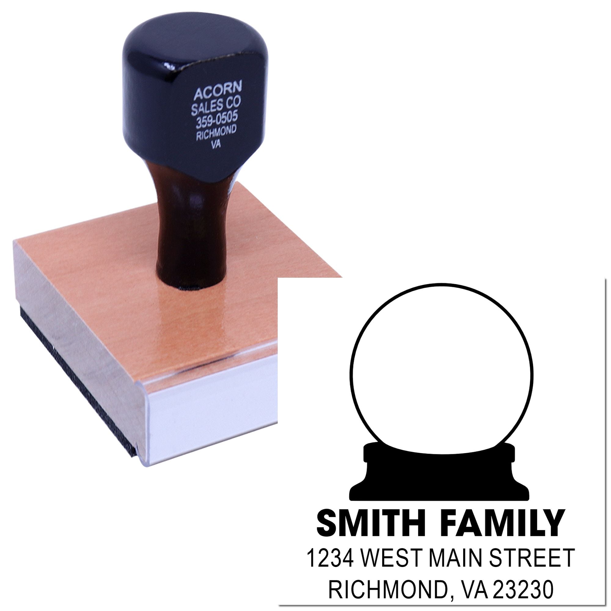 Custom rubber address stamp for envelopes, featuring family name and Richmond, VA mailing address for return mail.