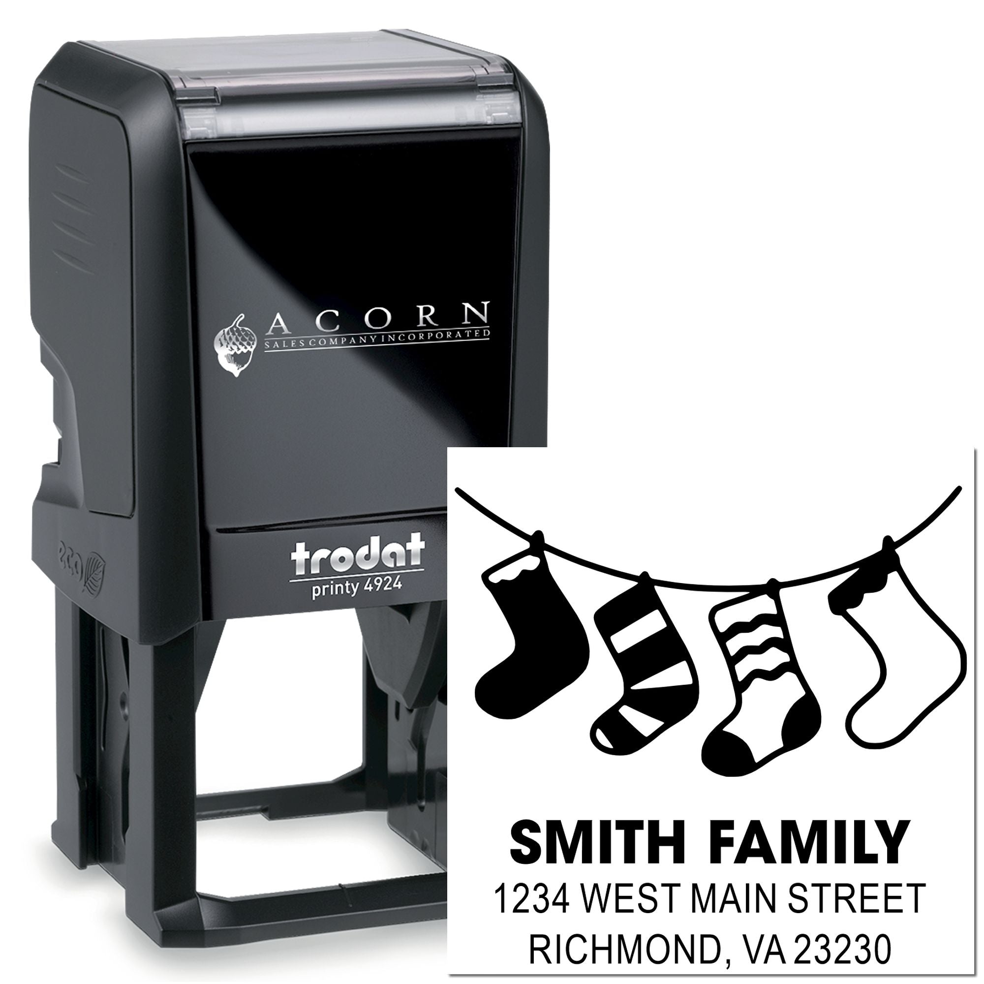 Custom self-inking rubber address stamp with holiday stocking design for Smith family name and return address.