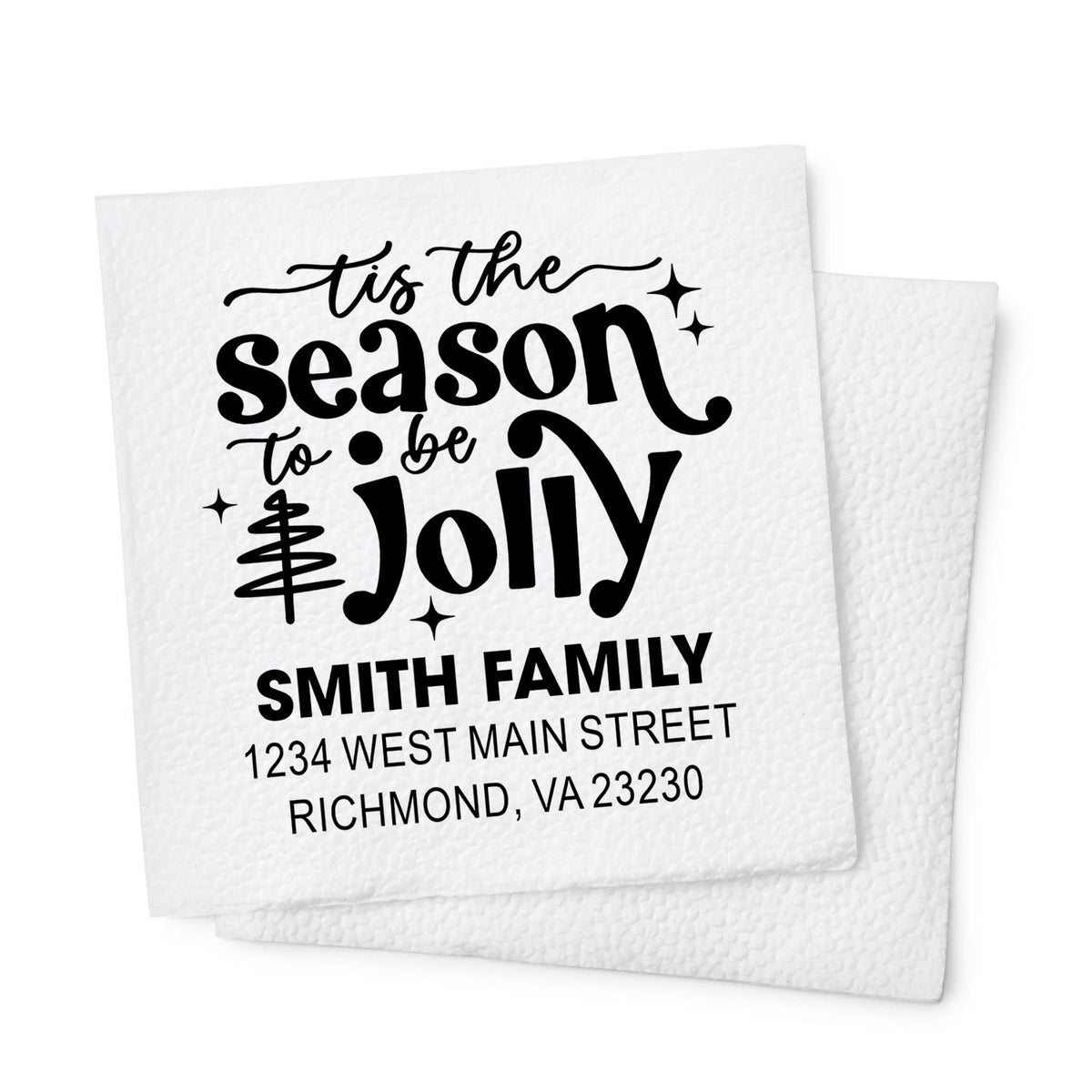 Personalized holiday rubber stamp with Tis the season to be jolly, Smith family name, and return address for cards.