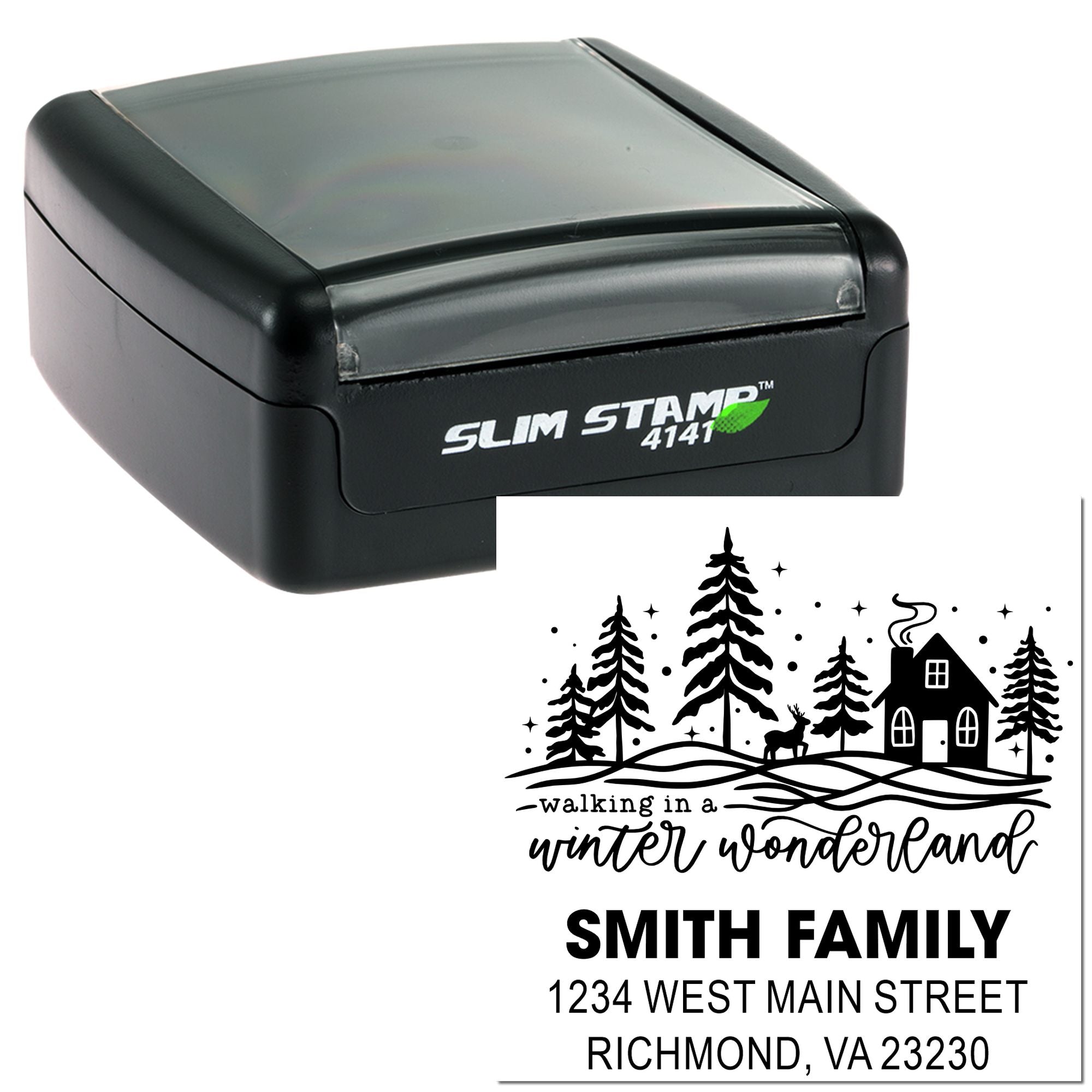 Custom self-inking rubber address stamp with winter wonderland family design for personalized mailing and holiday stationery.