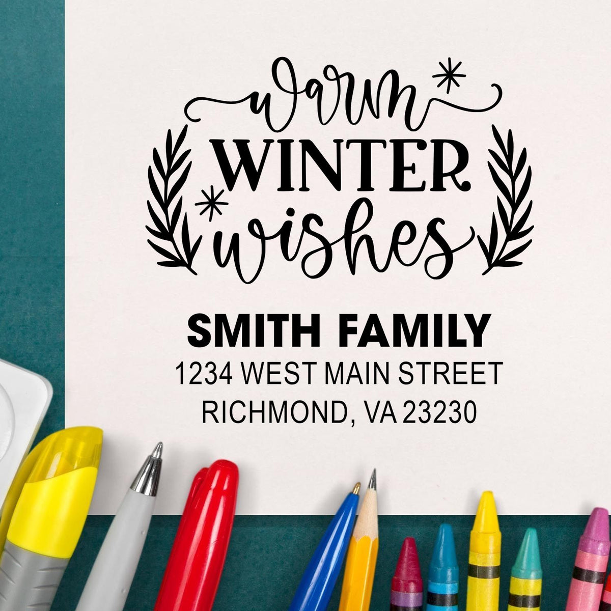 Custom rubber stamp with Warm Winter Wishes, Smith Family name, and return address for holiday cards and mailings.
