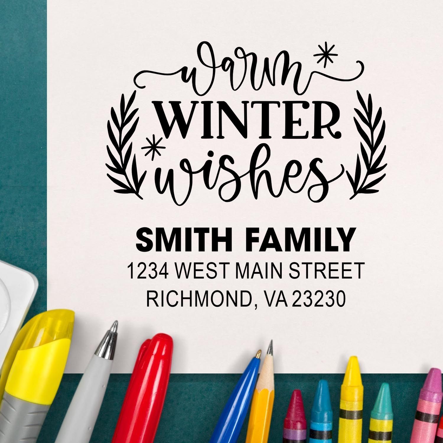 Custom winter holiday rubber stamp with warm wishes and Smith family return address for cards