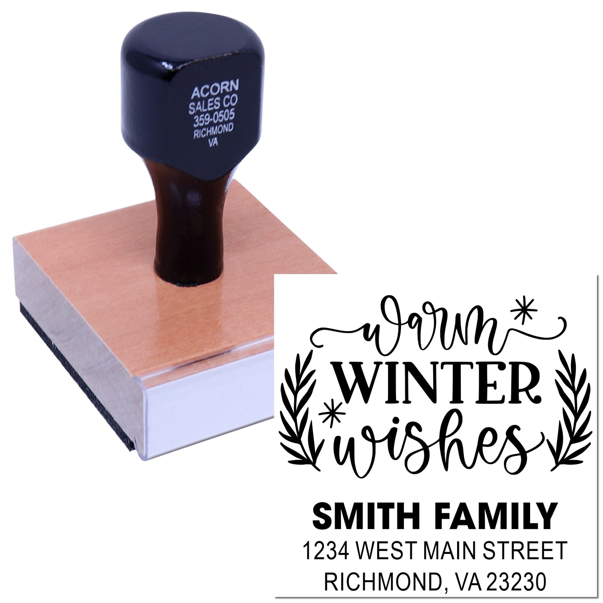 Custom holiday address rubber stamp with Warm Winter Wishes design, Smith family name, and Richmond, VA return address.