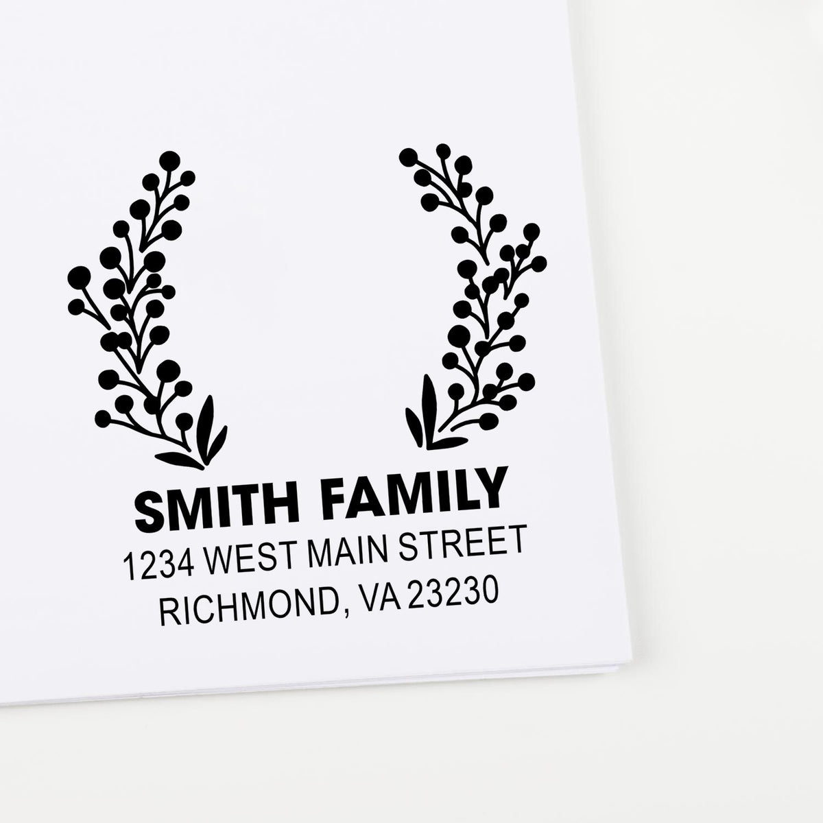 Custom floral family address rubber stamp with Smith Family, 1234 West Main Street, Richmond, VA 23230