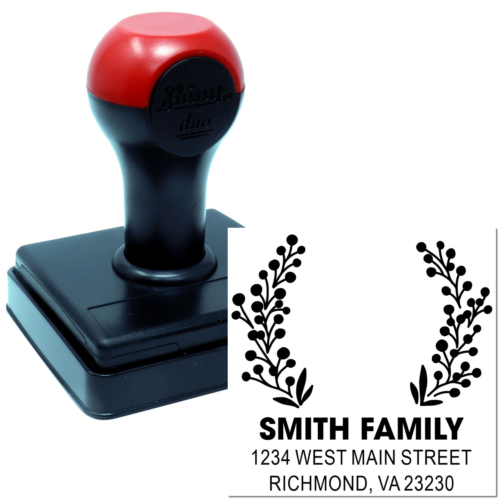 Personalized self-inking address rubber stamp with botanical border, Smith Family name, and return address.