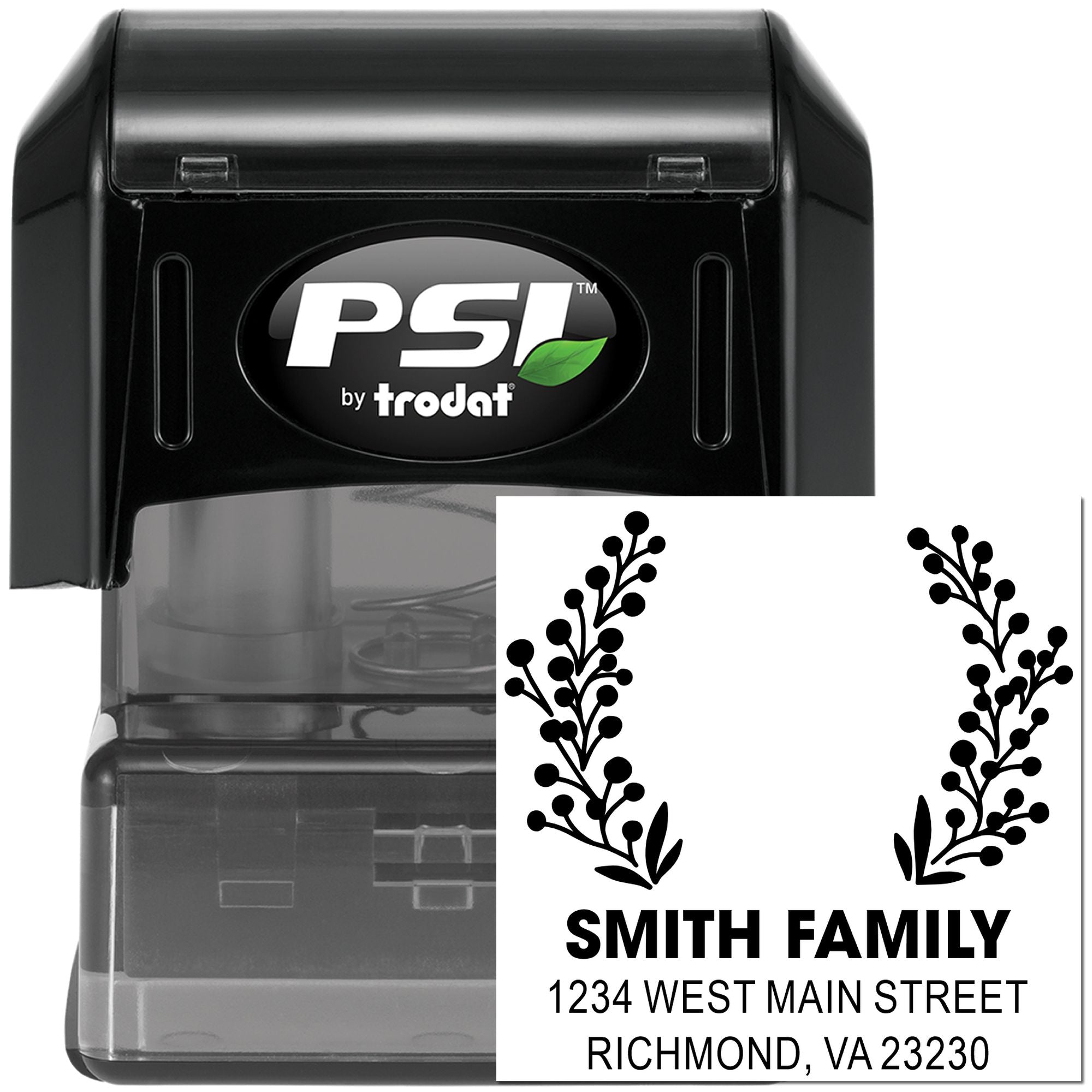 Custom self-inking rubber address stamp by PSI by Trodat with floral border for Smith Family mailing address on envelopes.