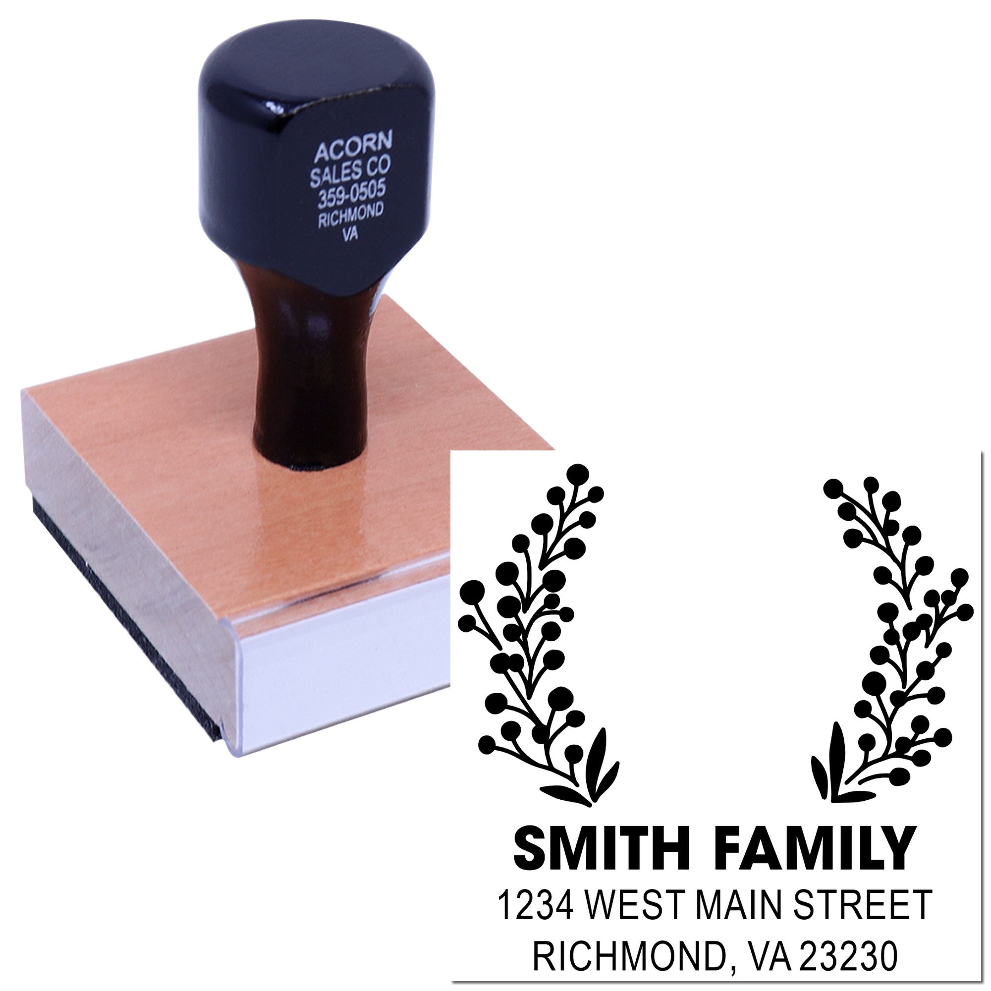 Custom return address rubber stamp with decorative wreath design for Smith Family, Richmond, VA 23230.