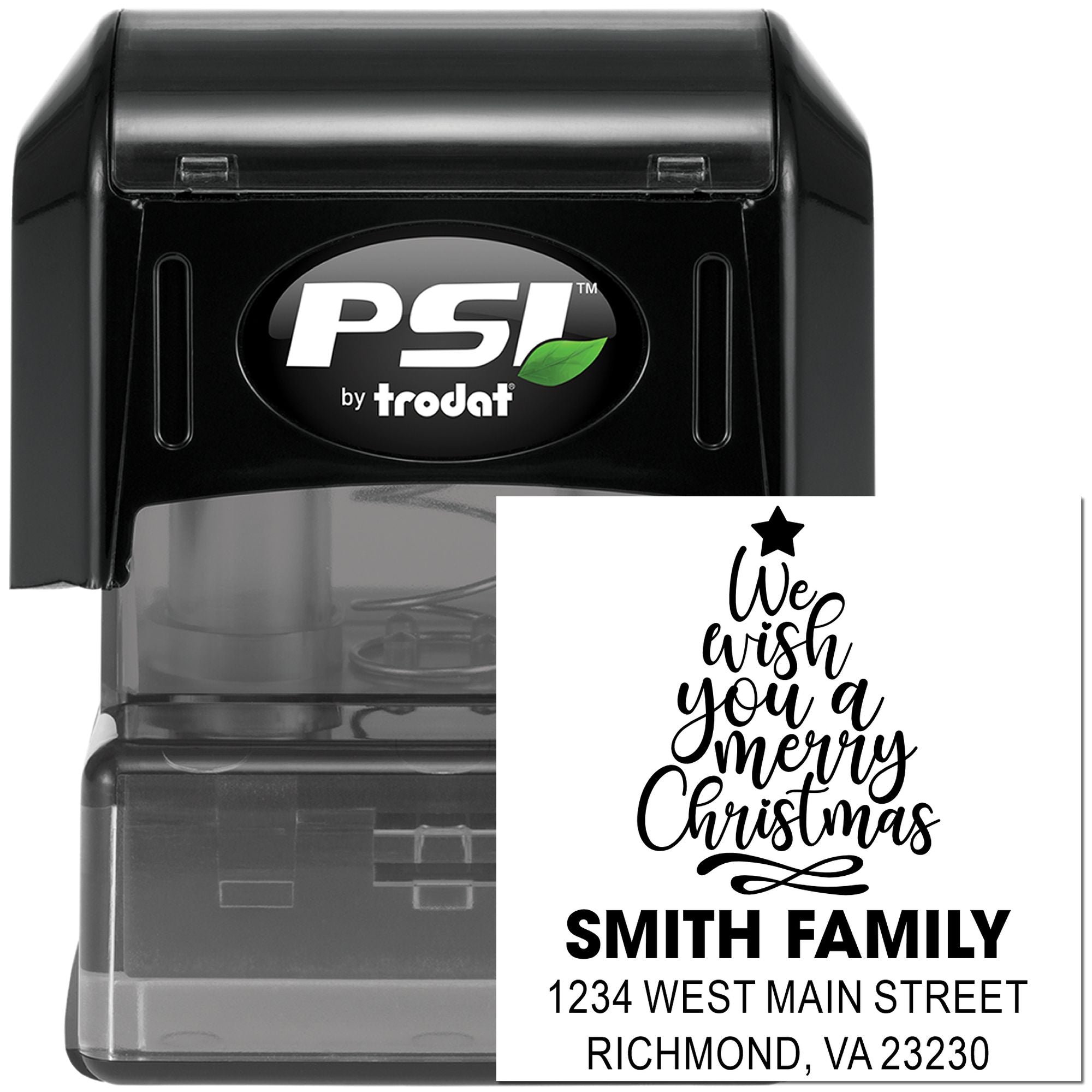 Self-inking rubber stamp with custom Merry Christmas return address design for Smith Family holiday cards