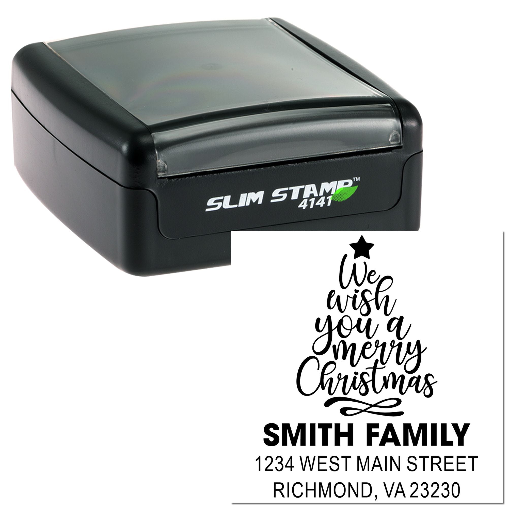 Custom self-inking rubber stamp with Christmas greeting, family name, and return address on Slim Stamp 4141 dispenser.
