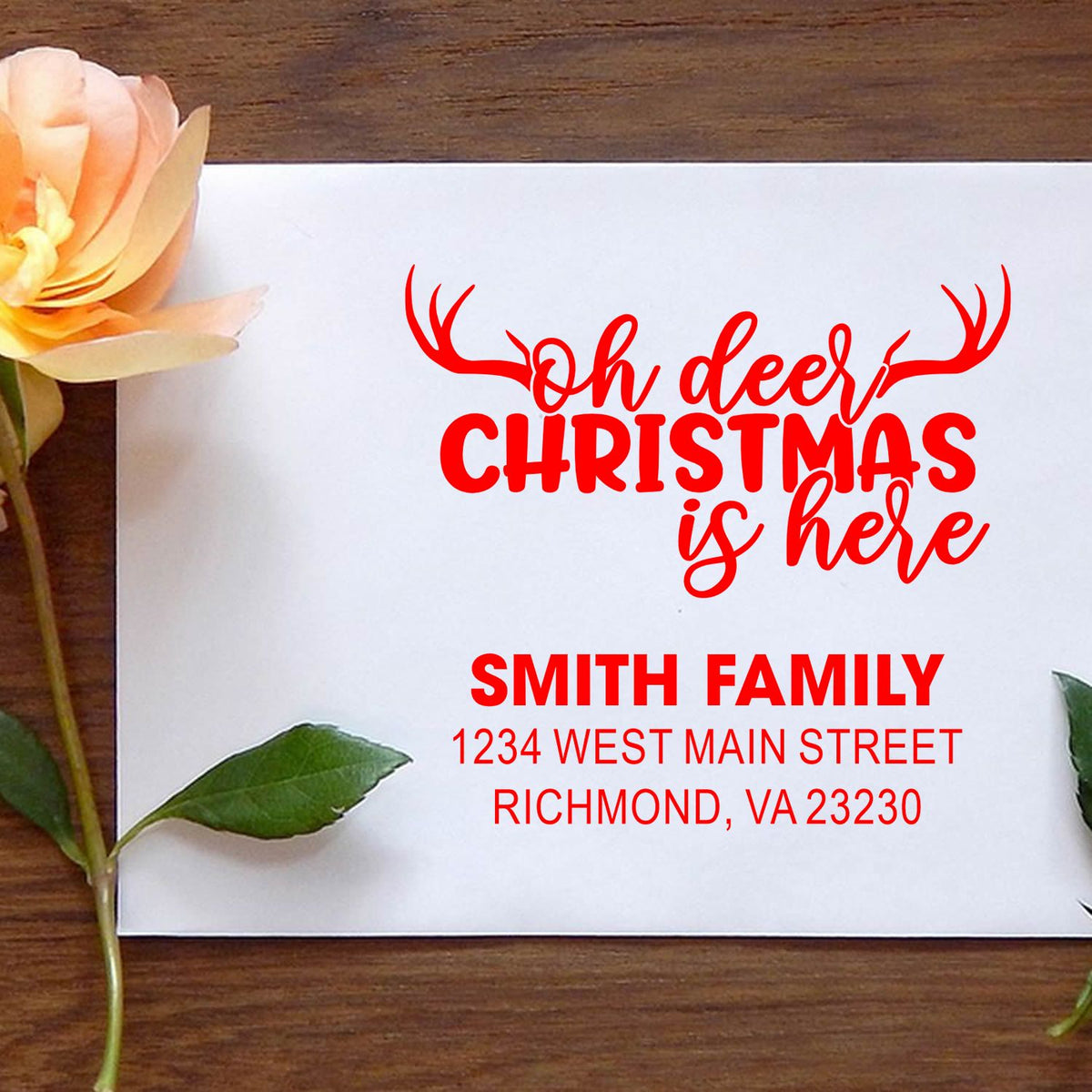 Personalized Christmas return address rubber stamp with deer antlers, Oh Deer Christmas Is Here design for Smith family mail.