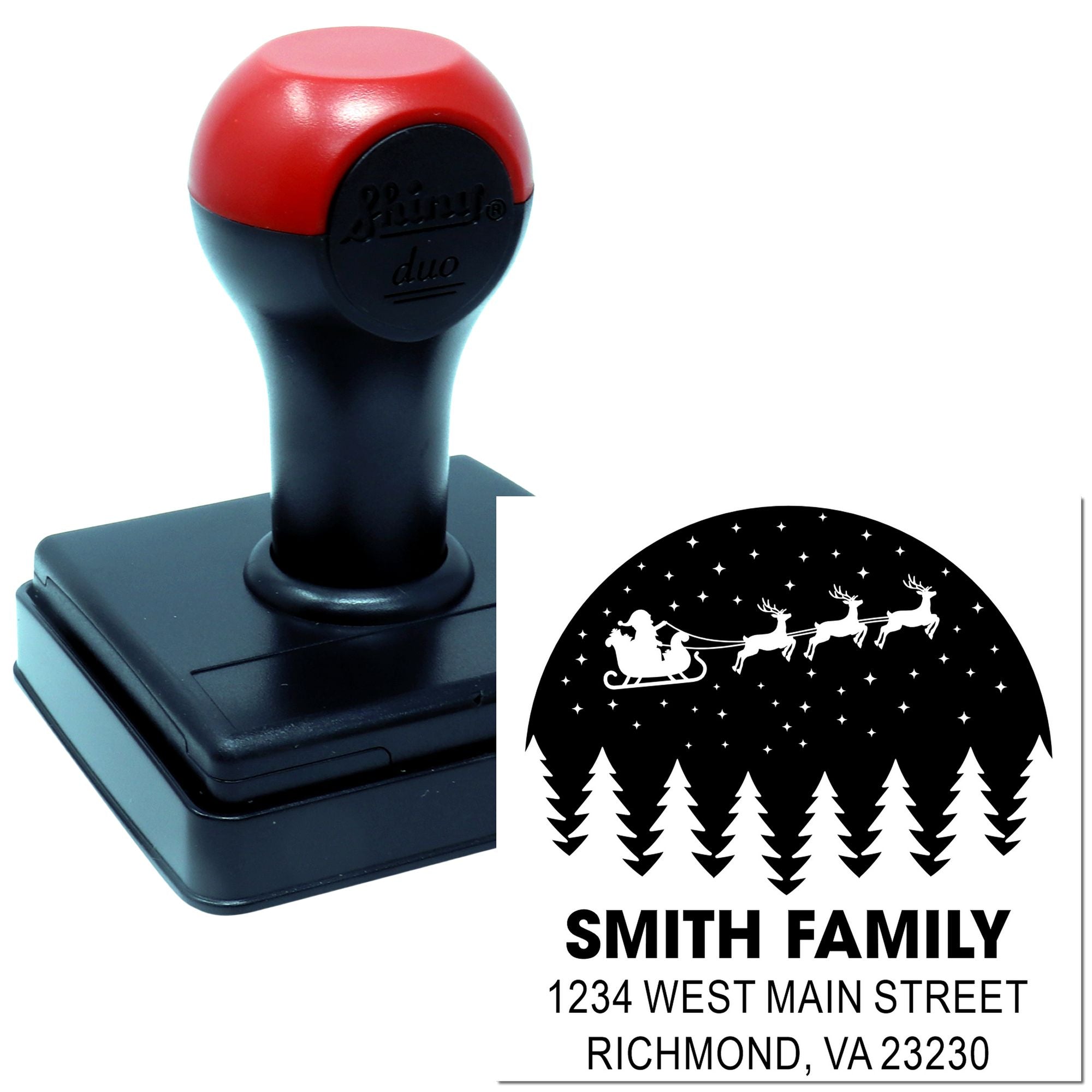 Custom self-inking rubber address stamp with family name and holiday Santa sleigh design for personalized mail.