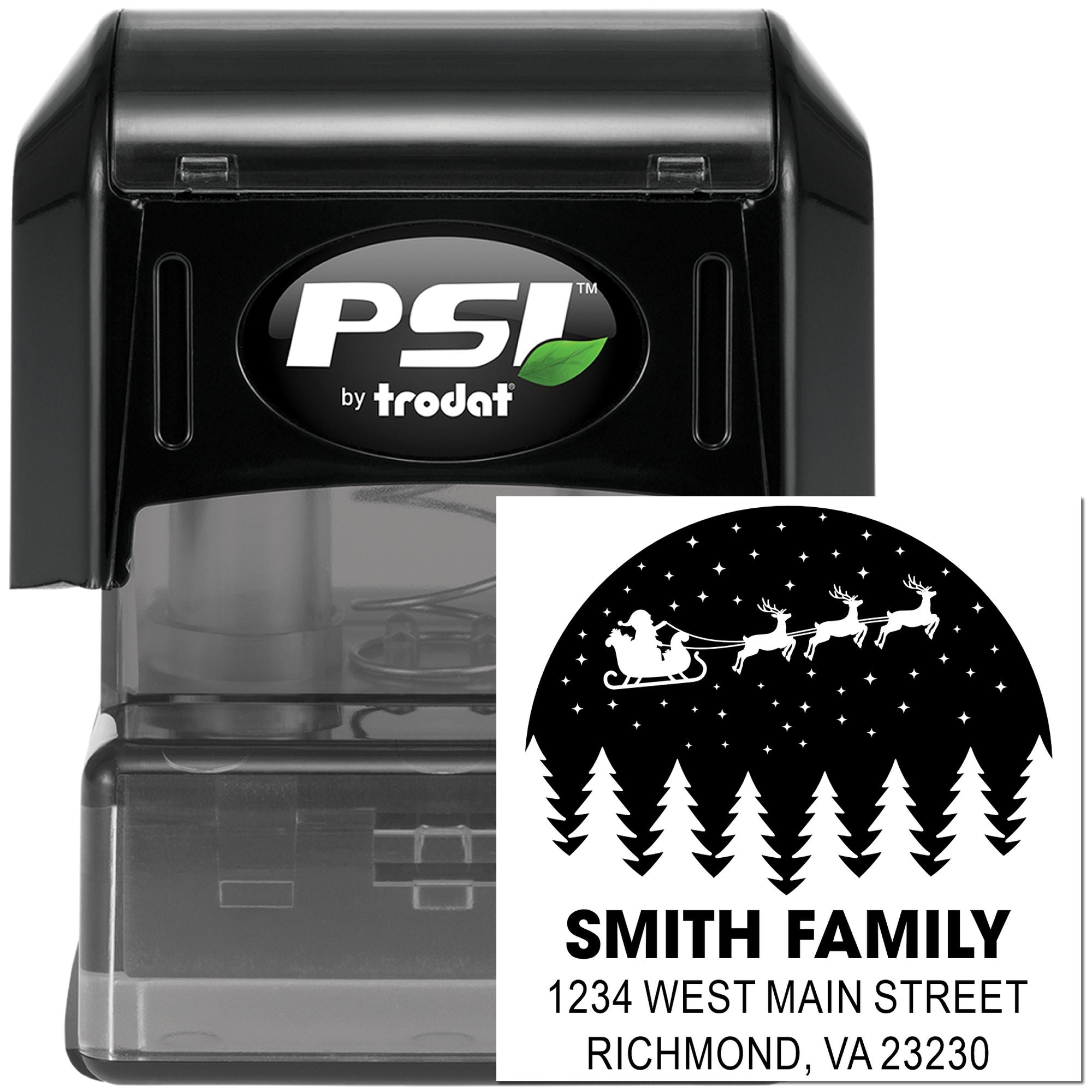 Custom holiday return address rubber stamp with Santa sleigh design, PSI by Trodat self-inking stamp.