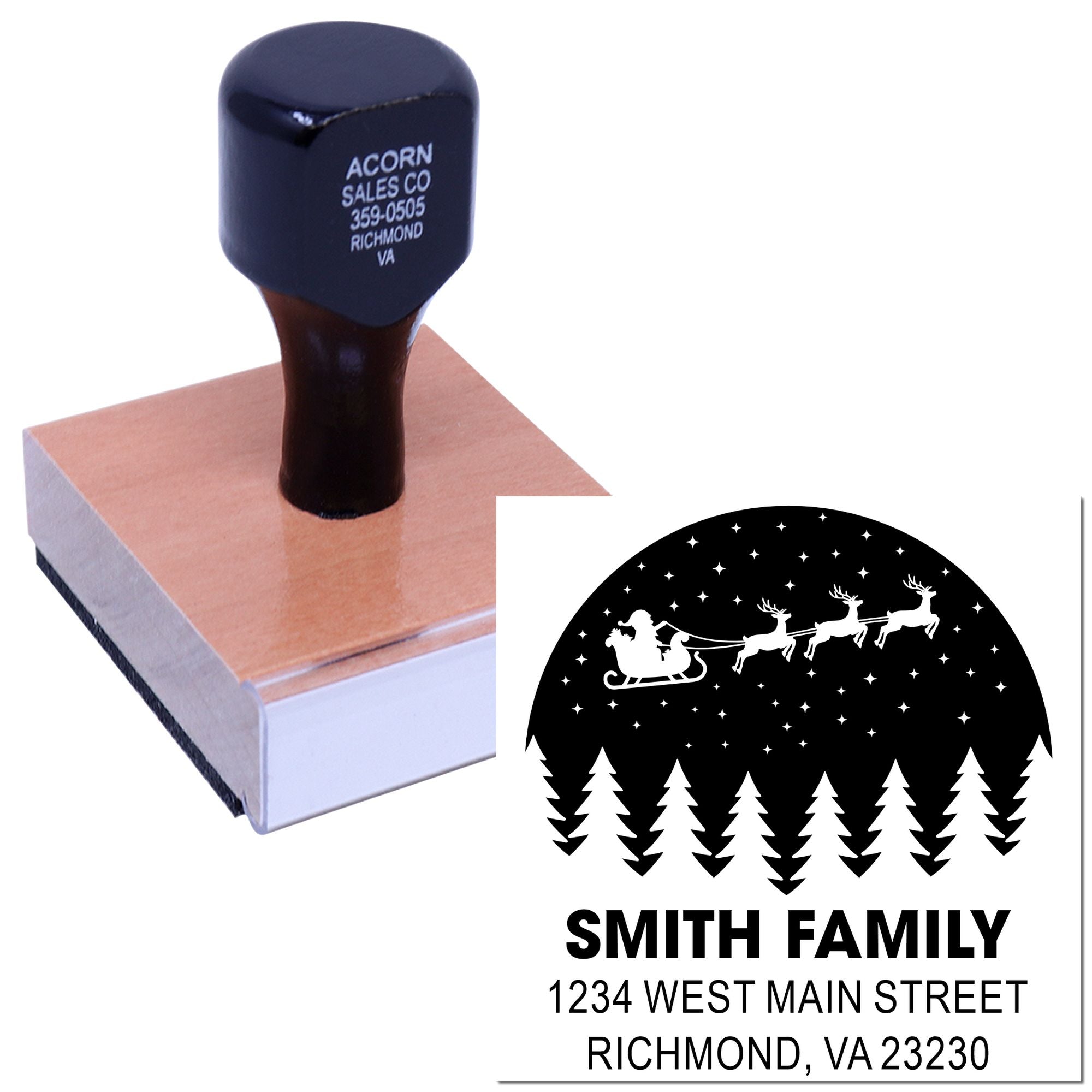Custom holiday address rubber stamp with Santa sleigh design and Smith Family mailing details.