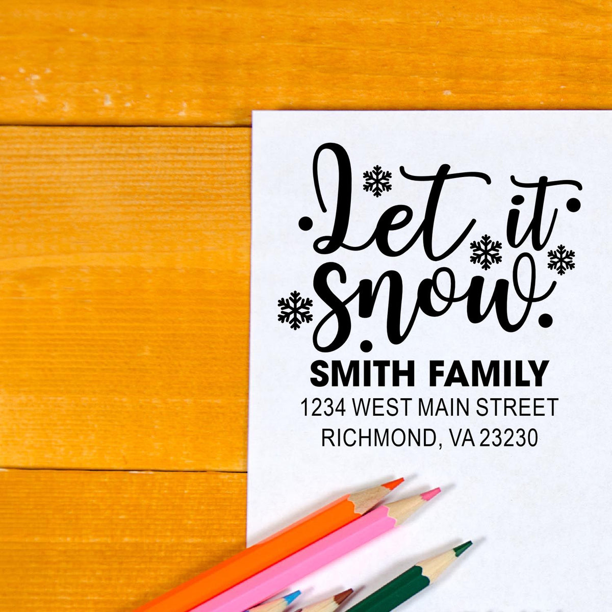 Custom holiday return address rubber stamp with Let it Snow design, Smith family name, and address for cards and envelopes